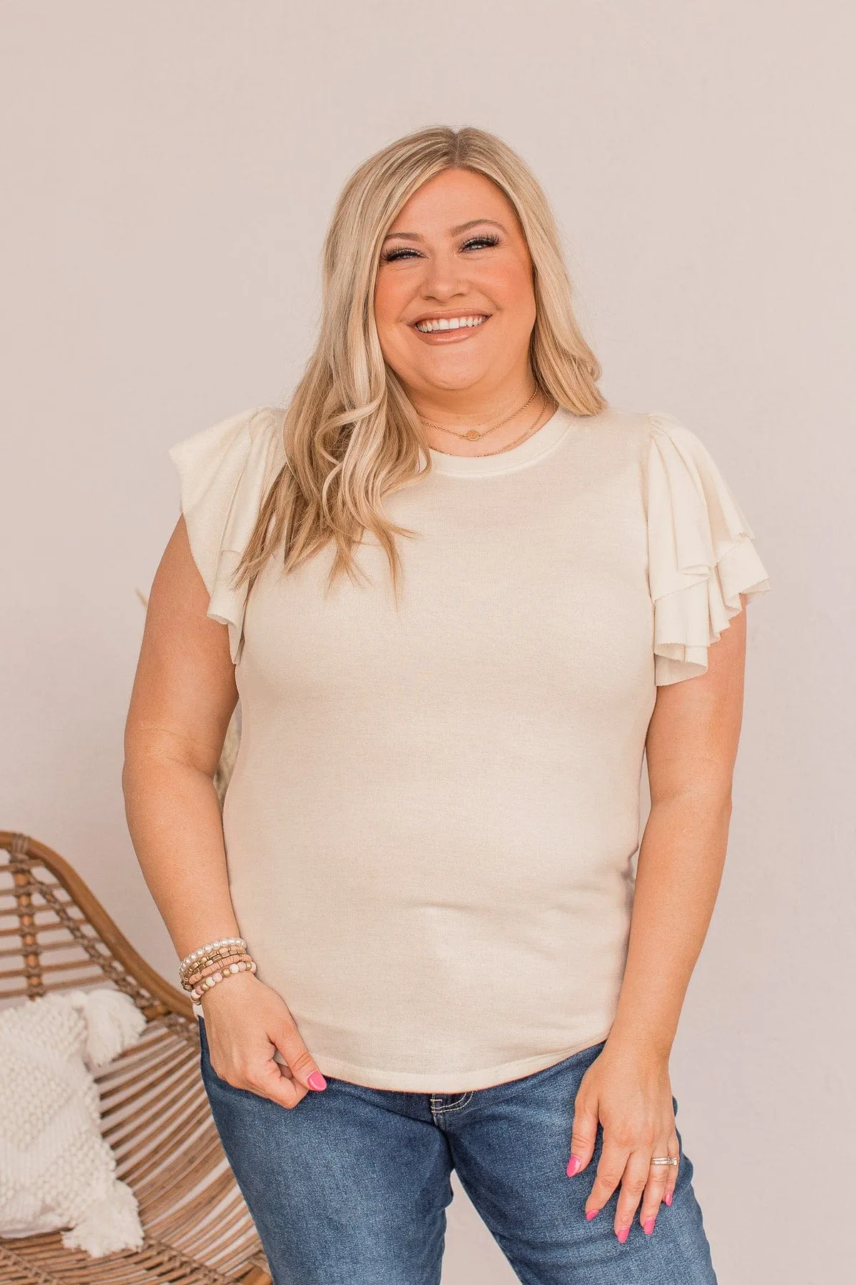 Fly Above The Rest Flutter Sleeve Top- Cream