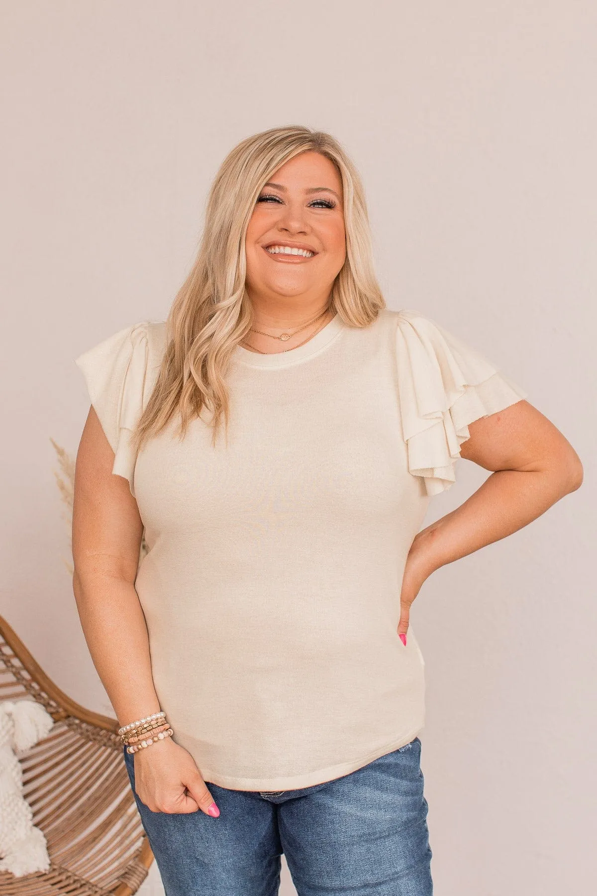 Fly Above The Rest Flutter Sleeve Top- Cream