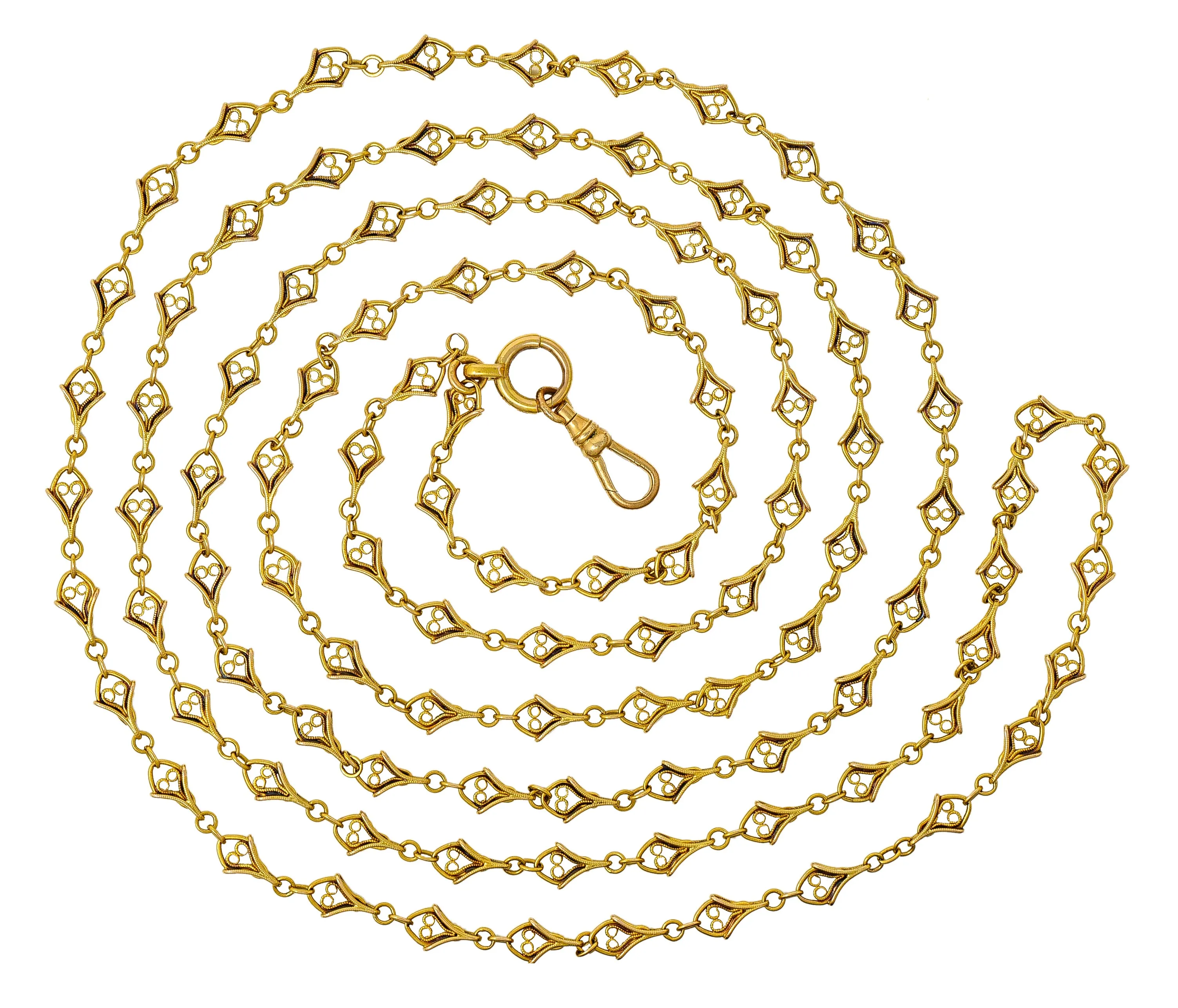 French Victorian 18 Karat Yellow Gold Heart 62 Inch Long Antique Chain Necklace