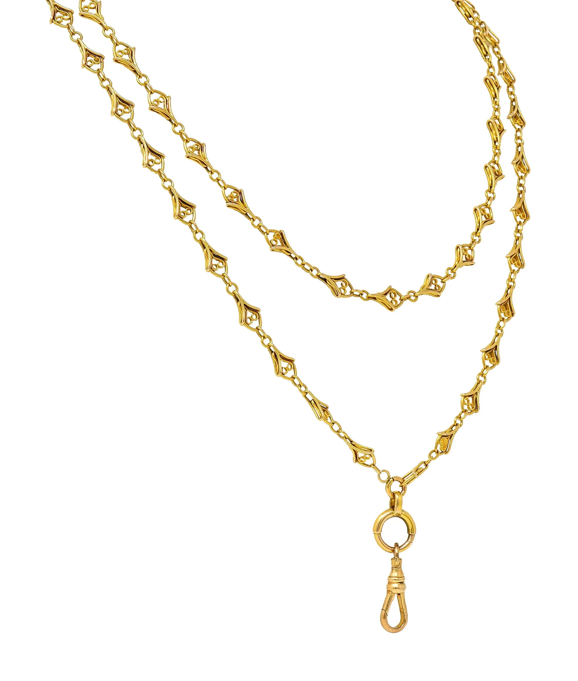 French Victorian 18 Karat Yellow Gold Heart 62 Inch Long Antique Chain Necklace