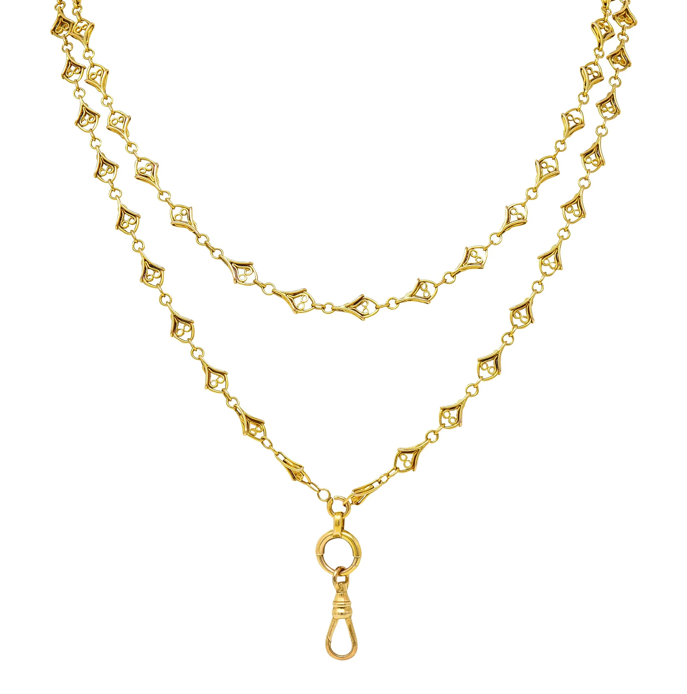 French Victorian 18 Karat Yellow Gold Heart 62 Inch Long Antique Chain Necklace