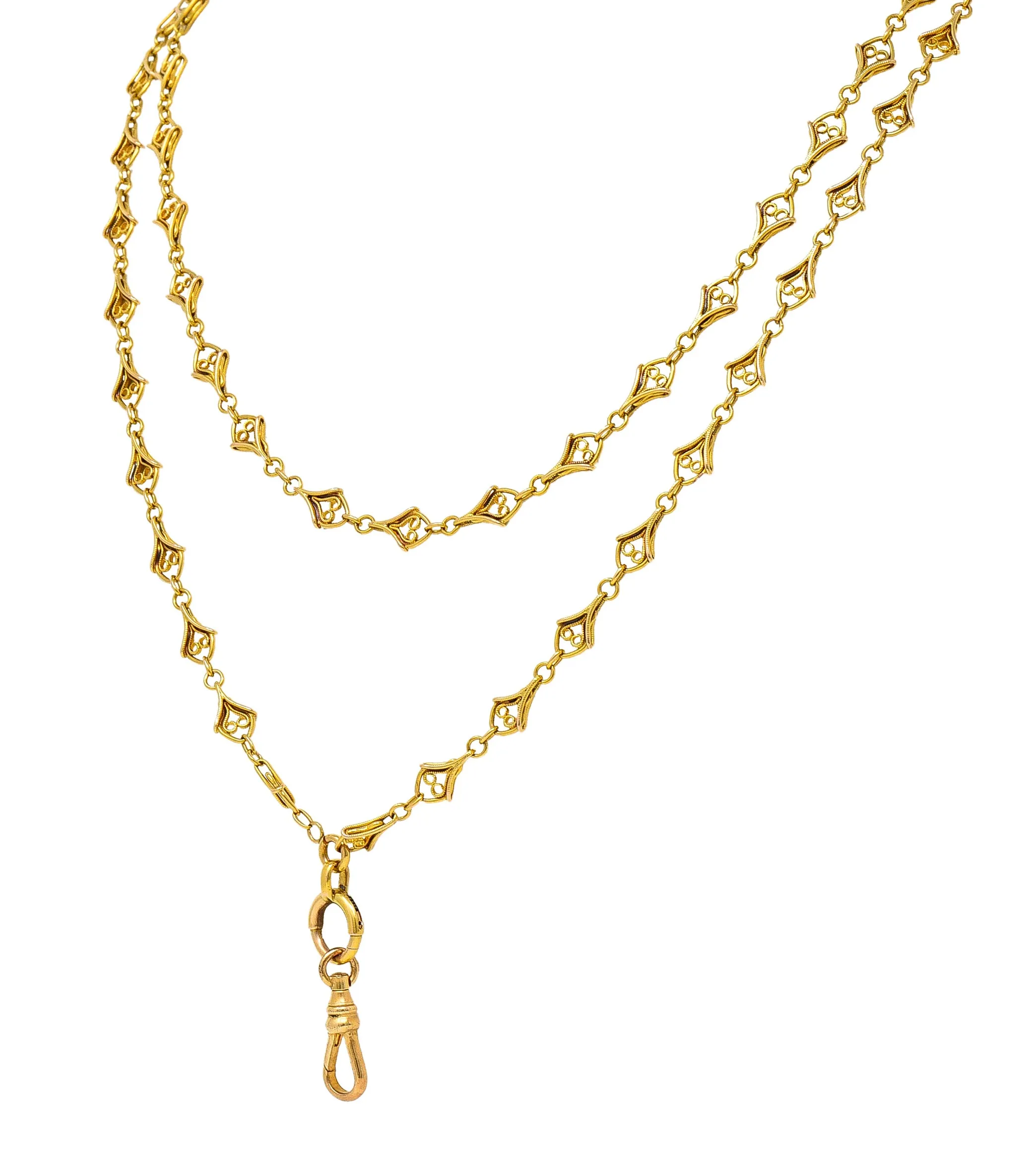 French Victorian 18 Karat Yellow Gold Heart 62 Inch Long Antique Chain Necklace