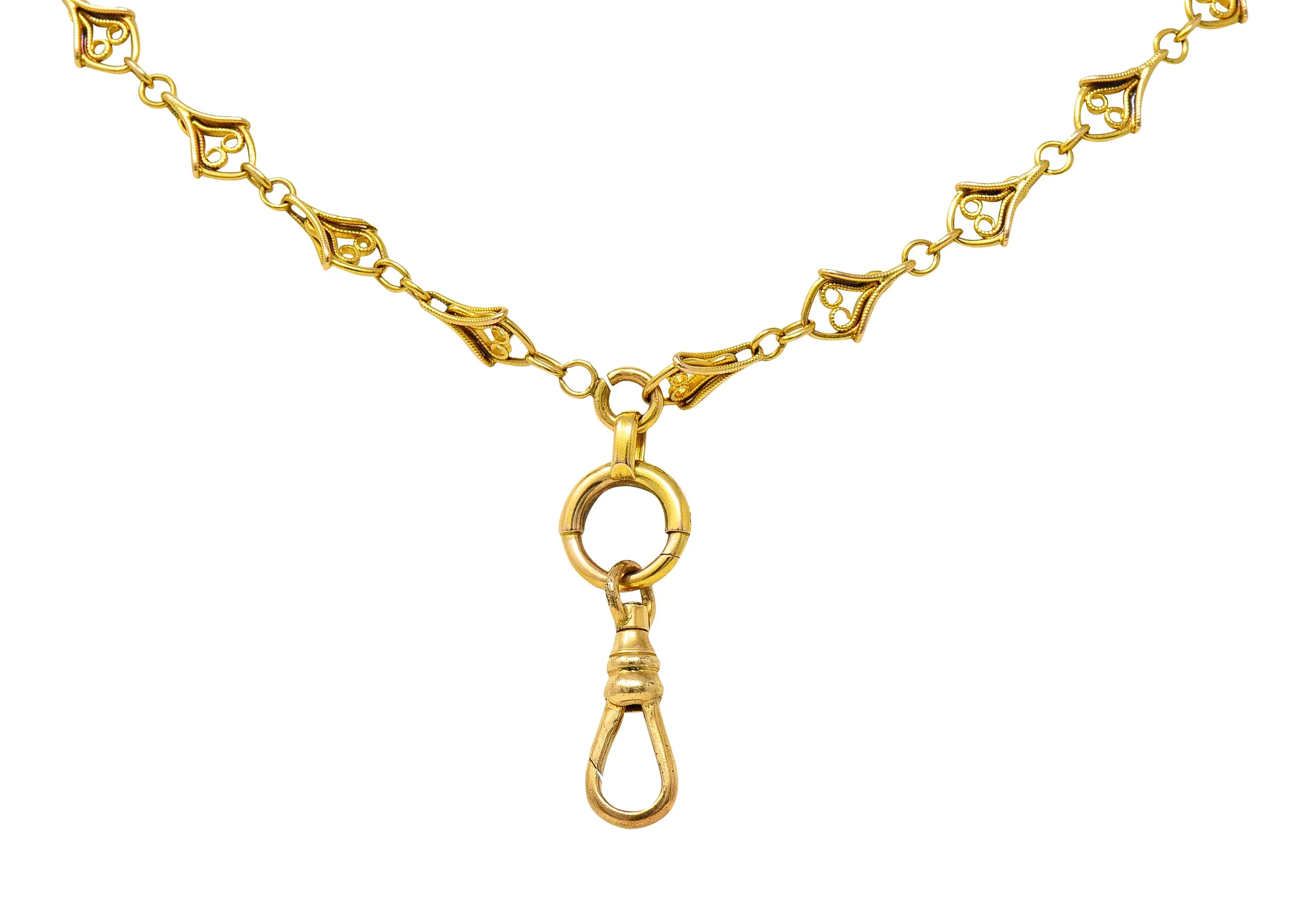 French Victorian 18 Karat Yellow Gold Heart 62 Inch Long Antique Chain Necklace