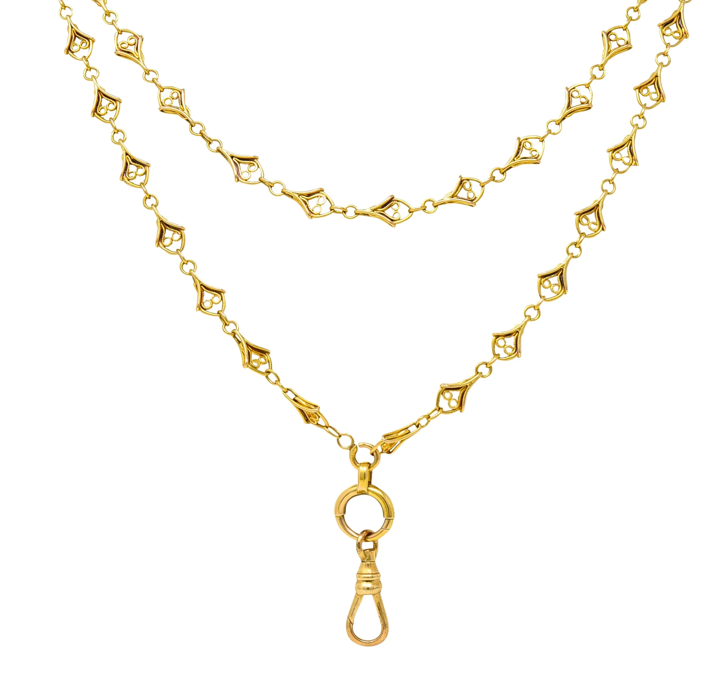 French Victorian 18 Karat Yellow Gold Heart 62 Inch Long Antique Chain Necklace