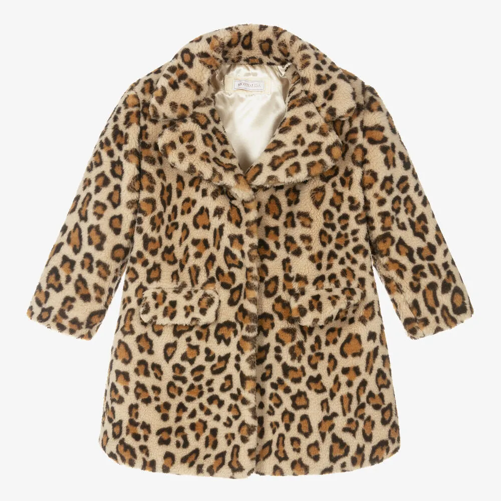 Girls Beige Leopard Teddy Coat 