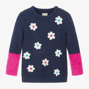 Girls Blue Floral Knit Jumper