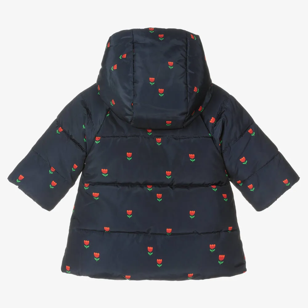 Girls Blue Floral Puffer Coat