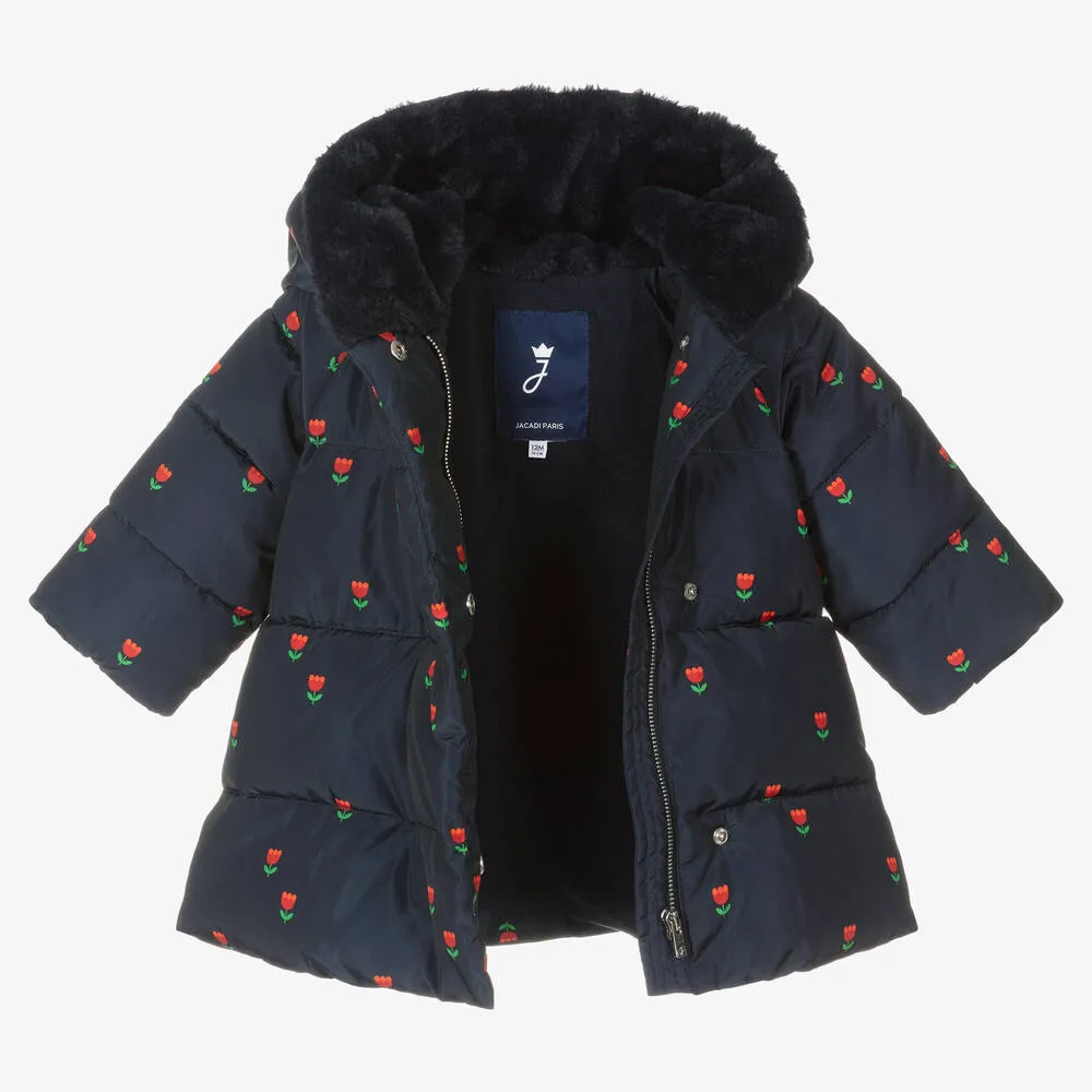 Girls Blue Floral Puffer Coat