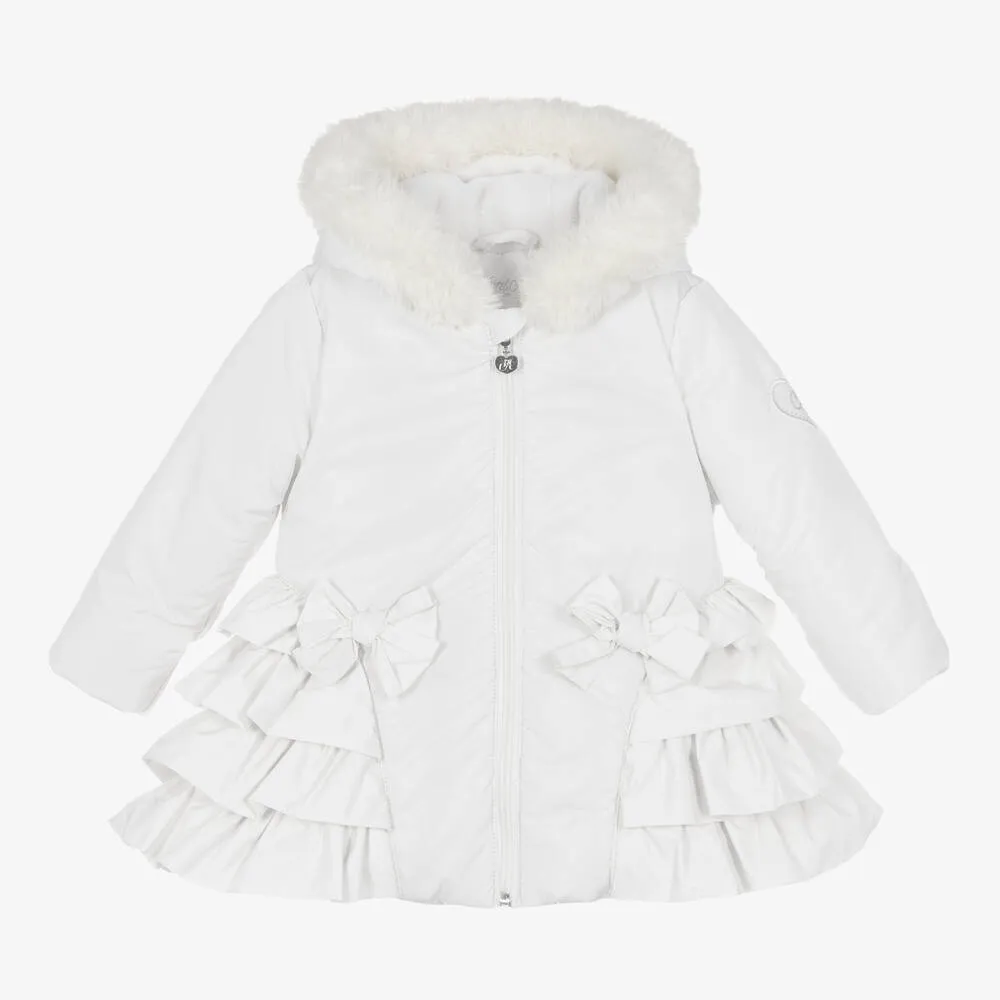 Girls Frilly Hooded White Coat