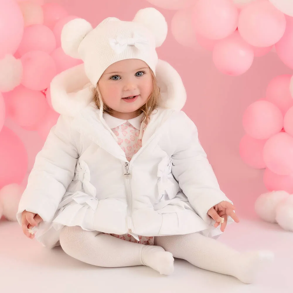 Girls Frilly Hooded White Coat