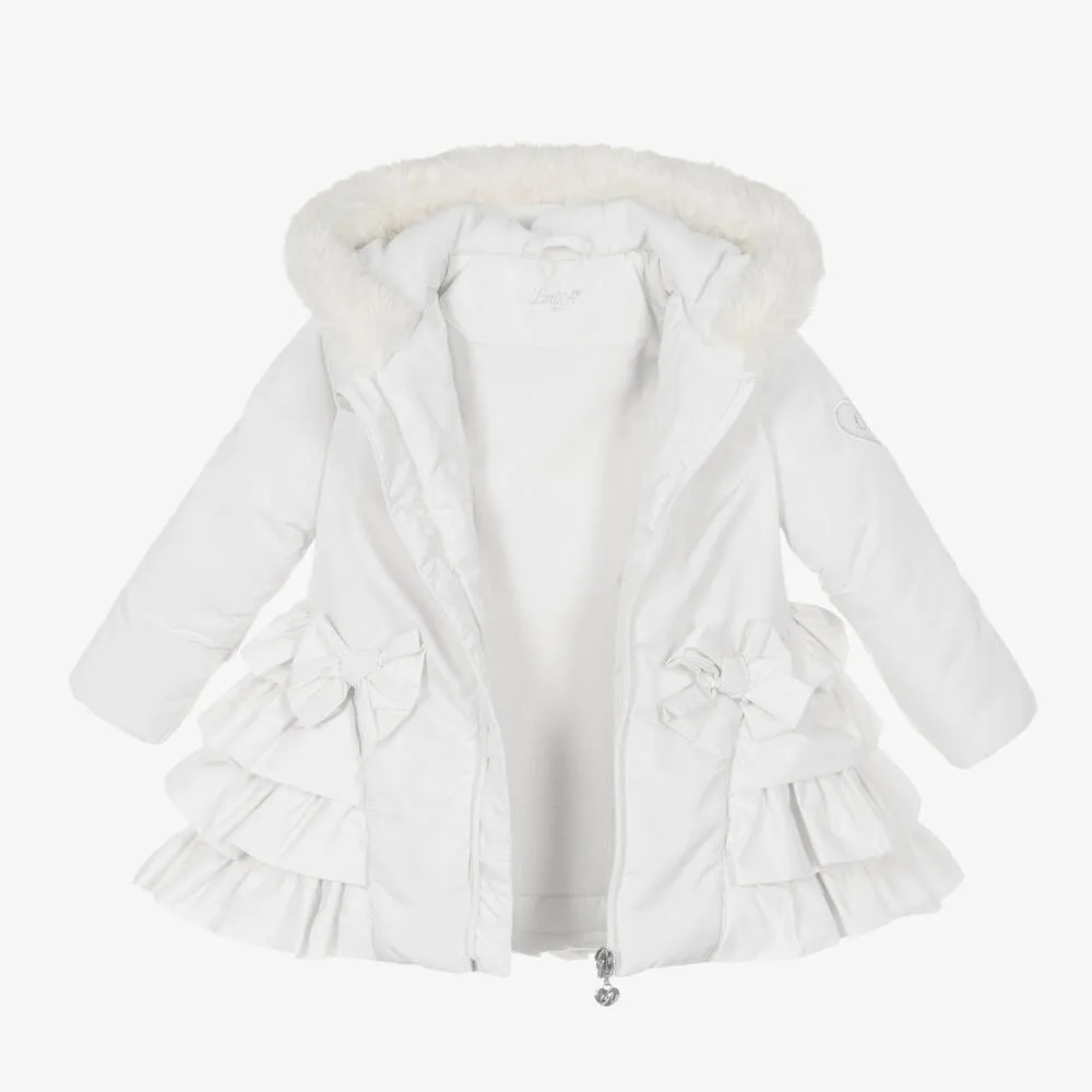 Girls Frilly Hooded White Coat