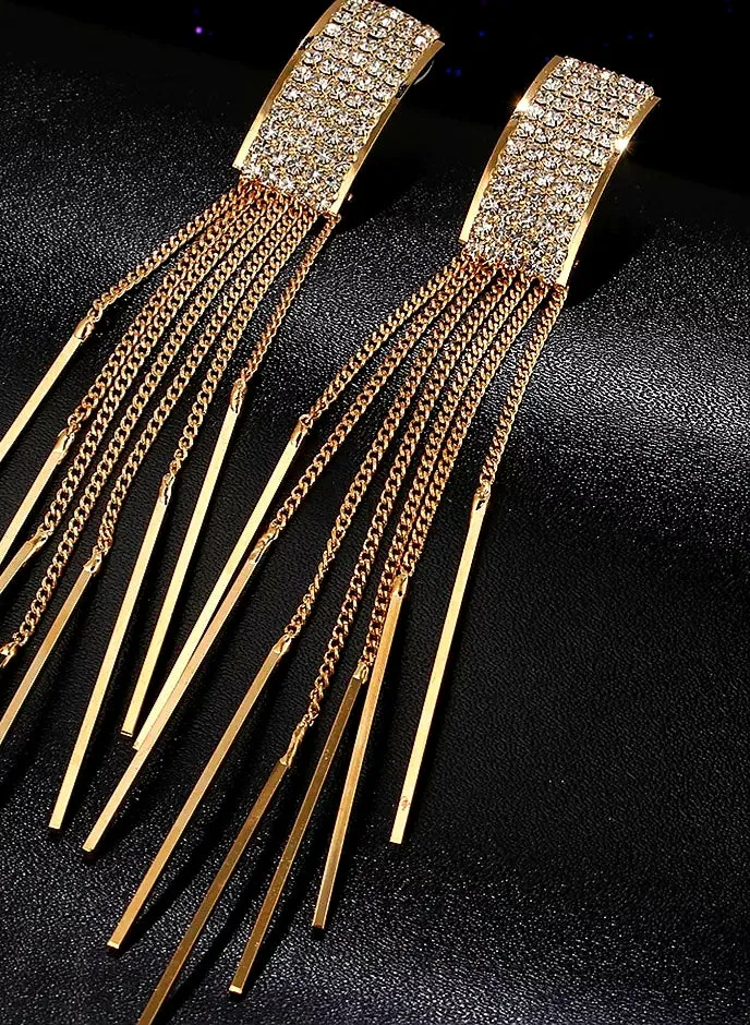 Gold Long Crystal Tassel Earrings