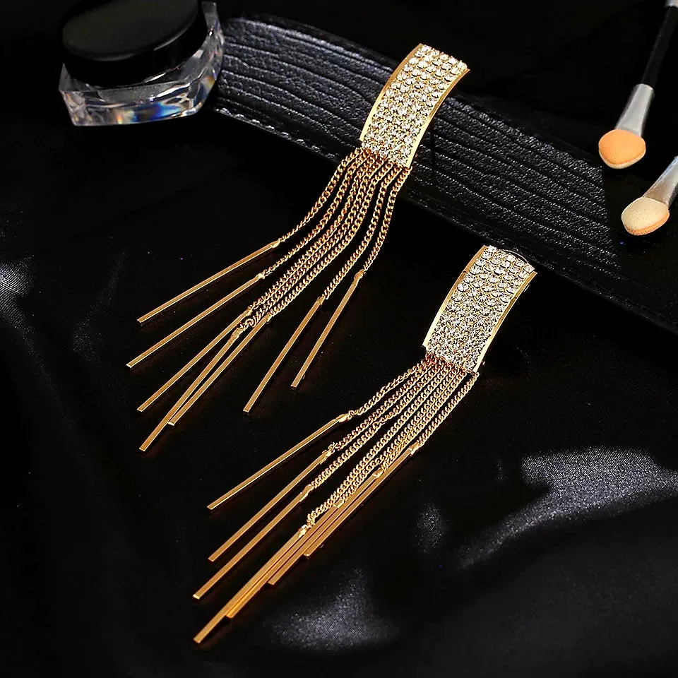 Gold Long Crystal Tassel Earrings