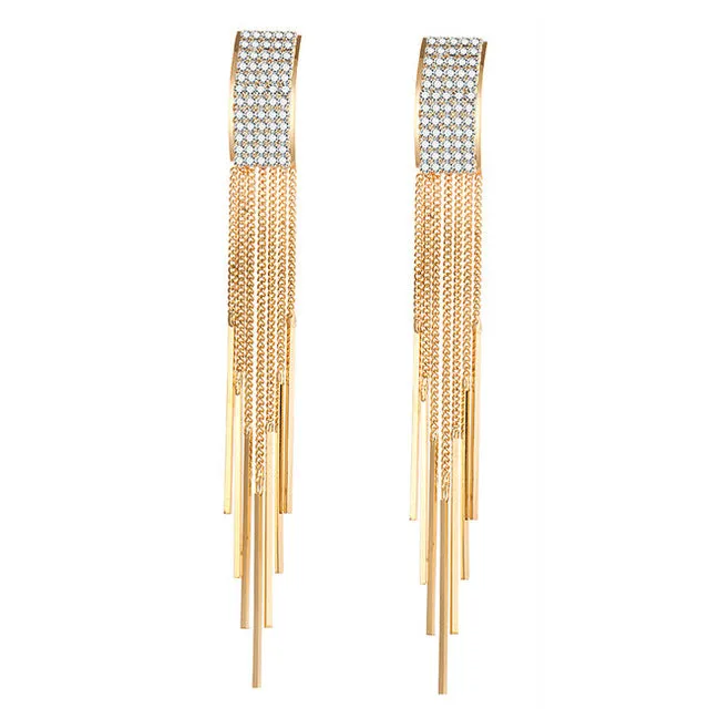 Gold Long Crystal Tassel Earrings