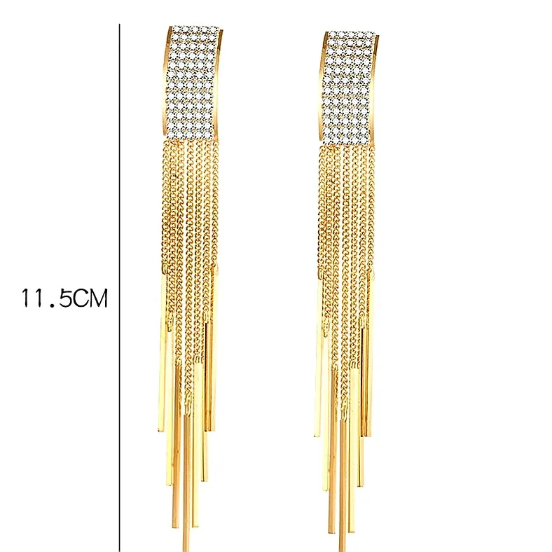 Gold Long Crystal Tassel Earrings