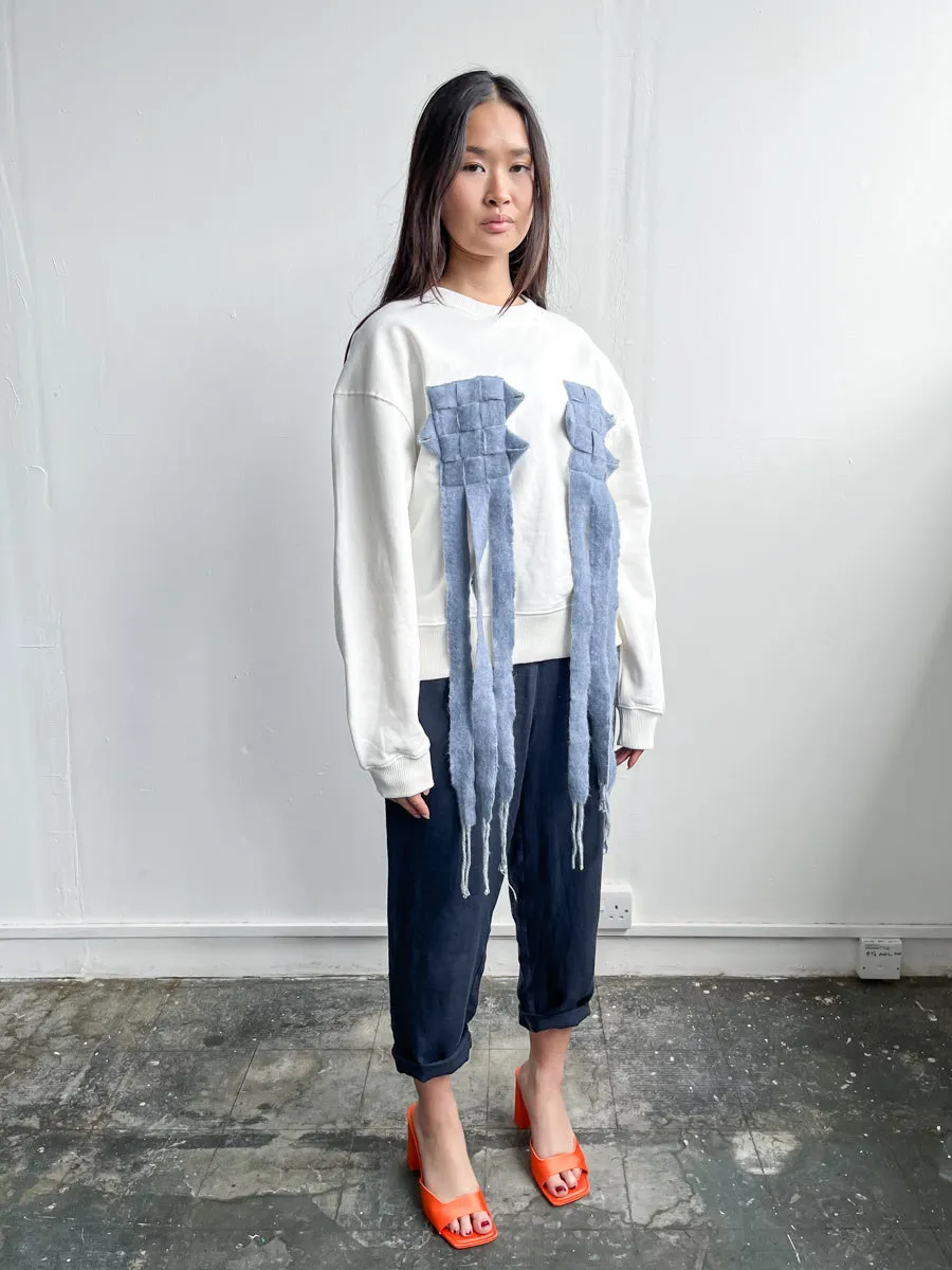 GOTS-Certified Organic Cotton White Oversized Jumper with Cross Patterned Trim