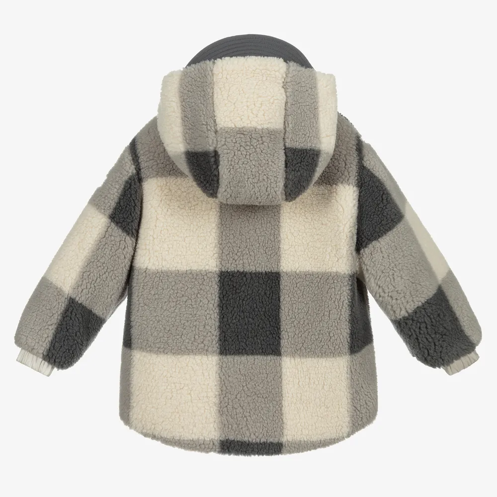 Grey & Beige Check Teddy Coat