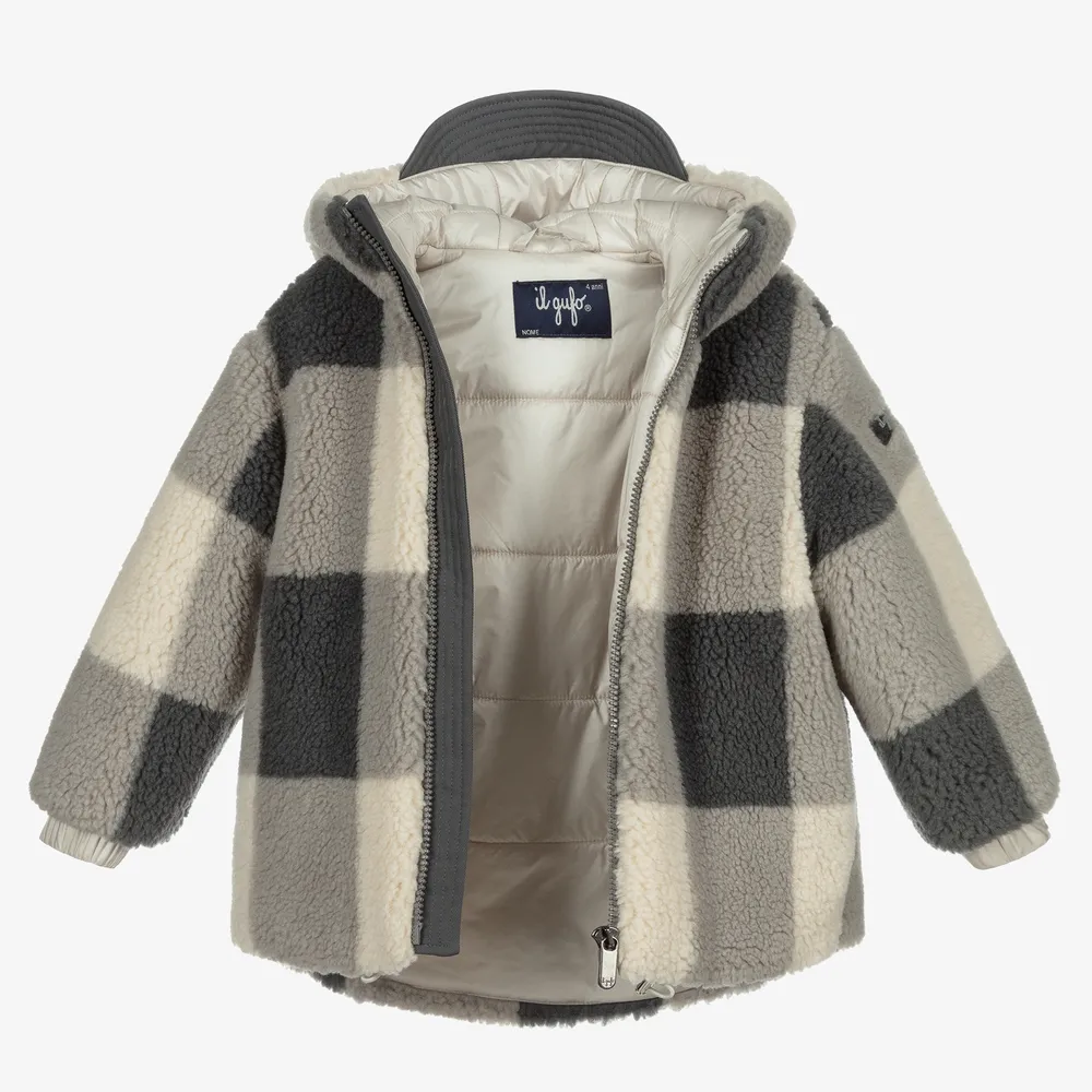 Grey & Beige Check Teddy Coat