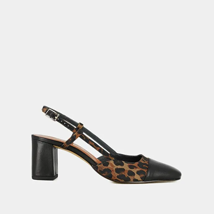 Heeled slingbacks in black leather and brown leopard print fabric