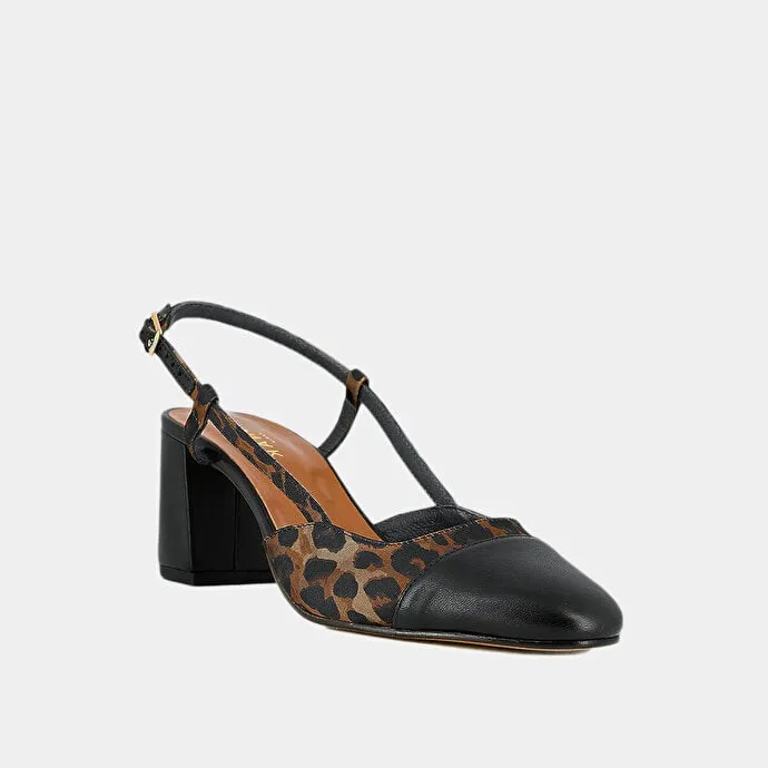 Heeled slingbacks in black leather and brown leopard print fabric