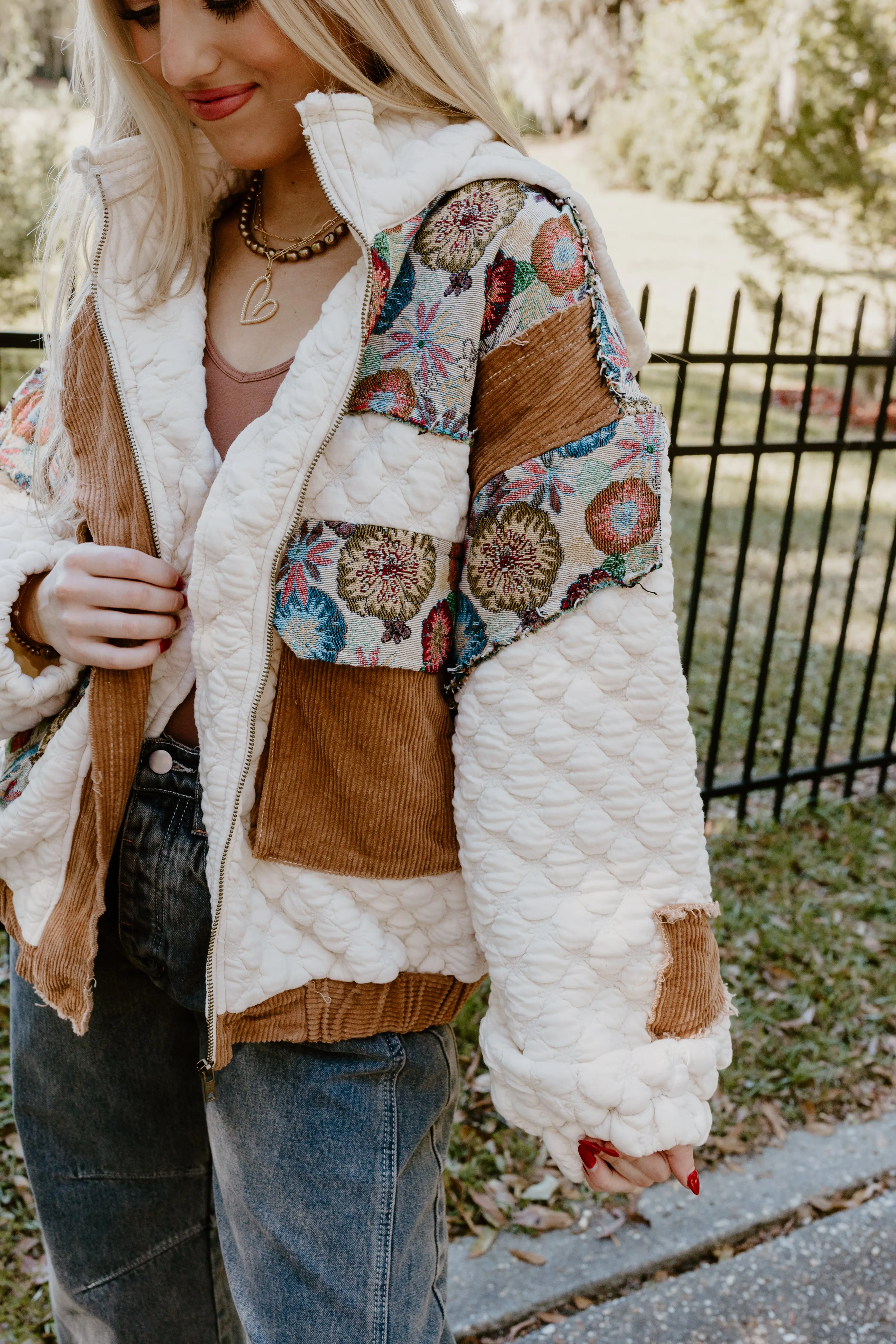 Ivory Multi Oversized Floral Contrast Quilted Jacket