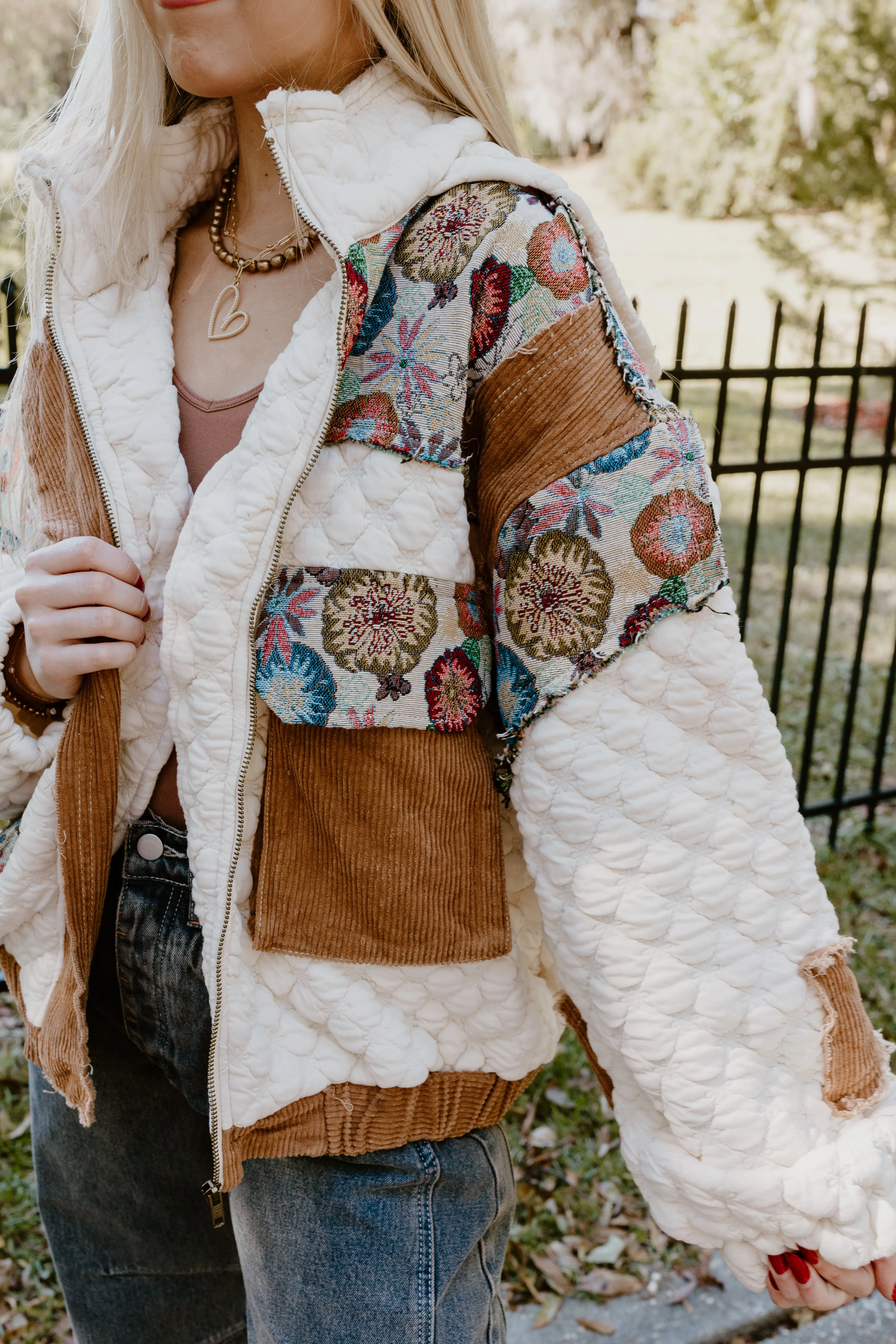 Ivory Multi Oversized Floral Contrast Quilted Jacket