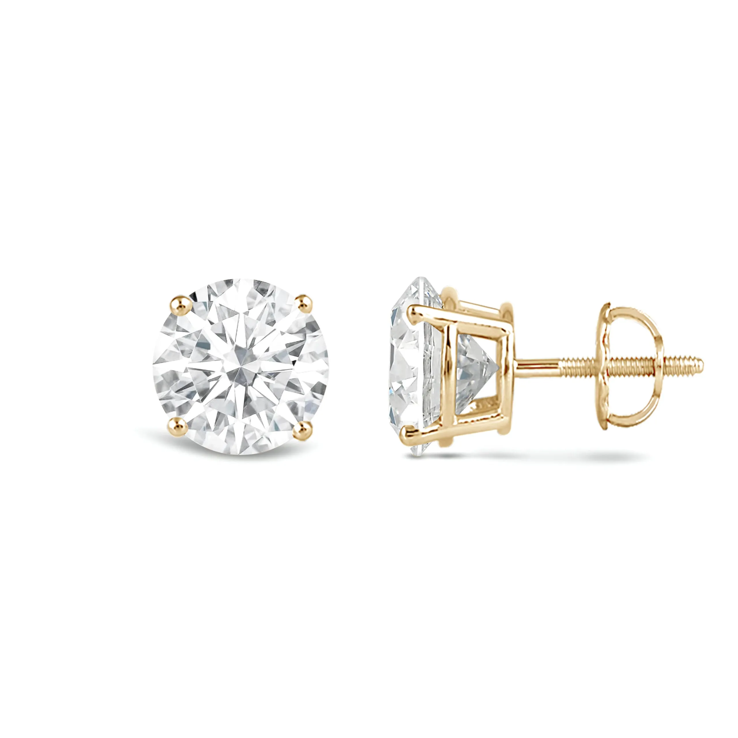 Jewelili 14K Solid Yellow Gold Classic Four Prong Stud Earrings | IGI Certified Round Cut Lab Grown Diamond | Screw Back Posts |