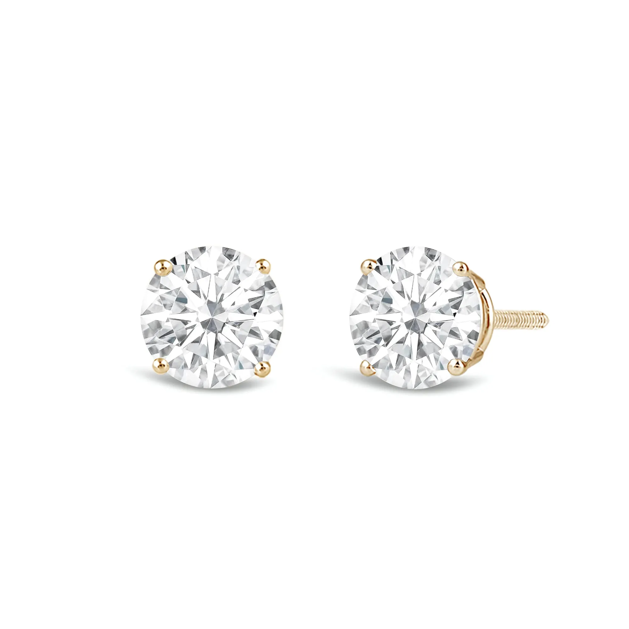 Jewelili 14K Solid Yellow Gold Classic Four Prong Stud Earrings | IGI Certified Round Cut Lab Grown Diamond | Screw Back Posts |