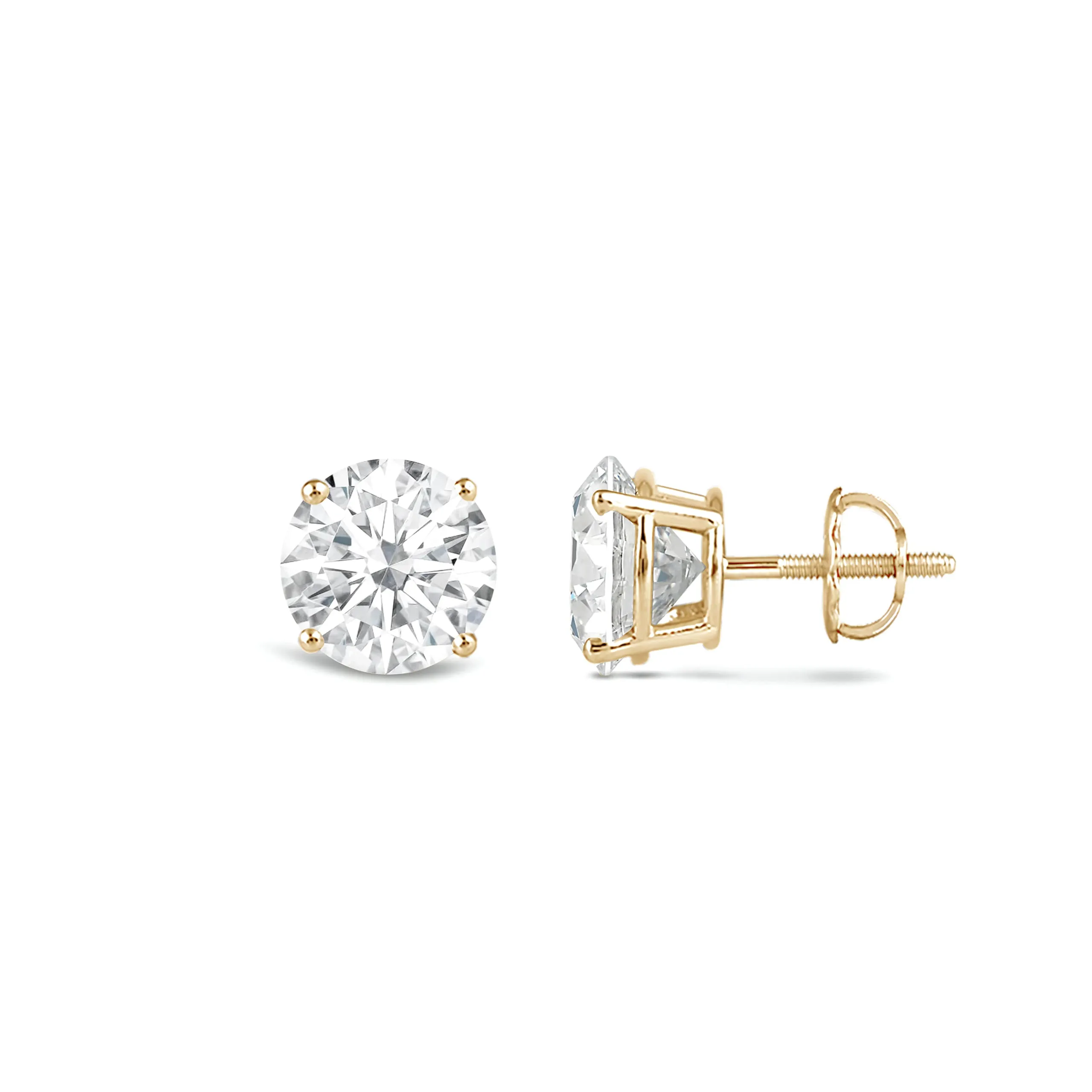 Jewelili 14K Solid Yellow Gold Classic Four Prong Stud Earrings | IGI Certified Round Cut Lab Grown Diamond | Screw Back Posts |