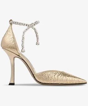 Jimmy Choo Womens Gold Stevie 100 crystal-embellished metallic-leather heeled courts