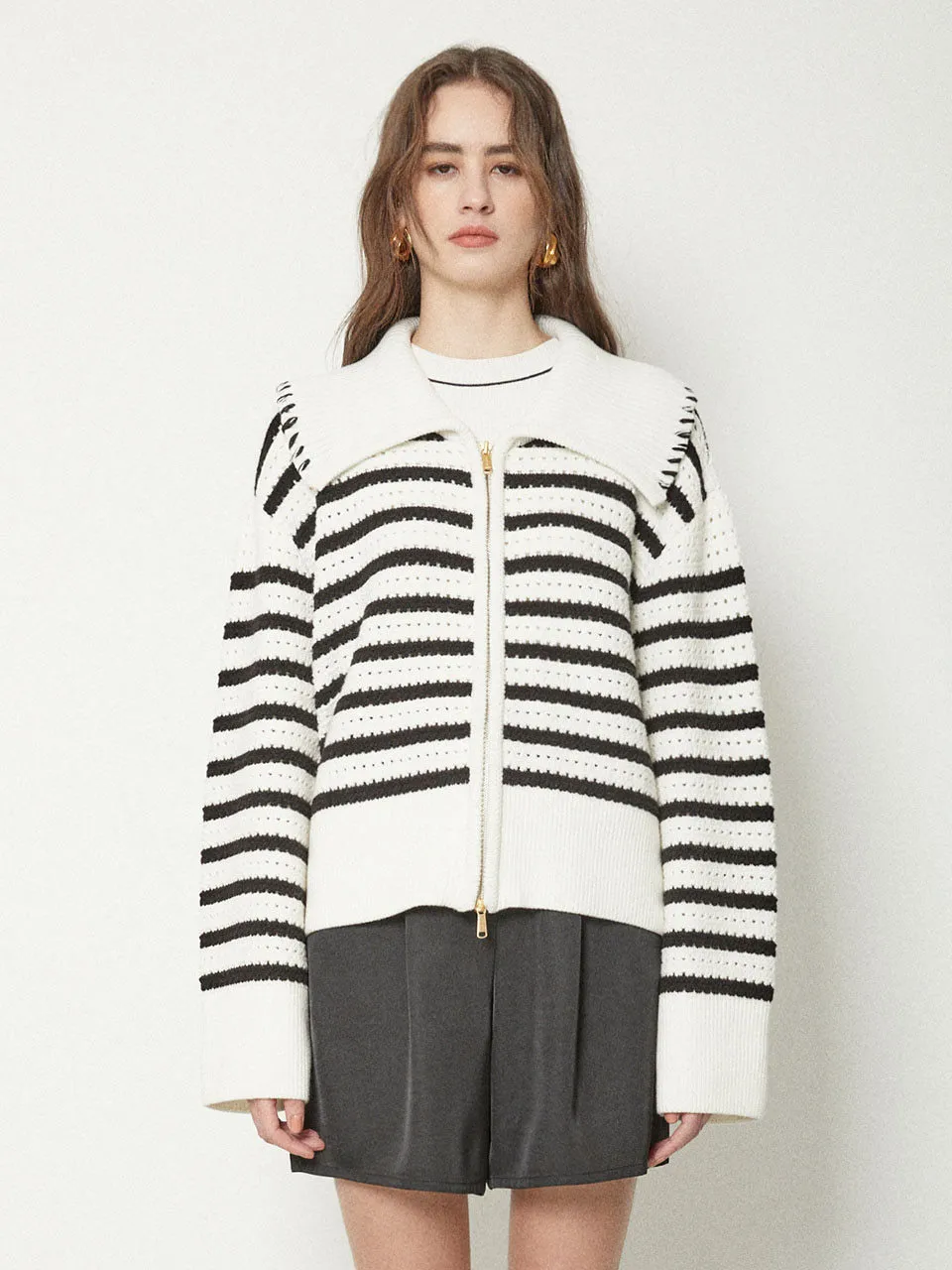 JOY GRYSON  |Stripes Casual Style Long Sleeves Oversized Elegant Style