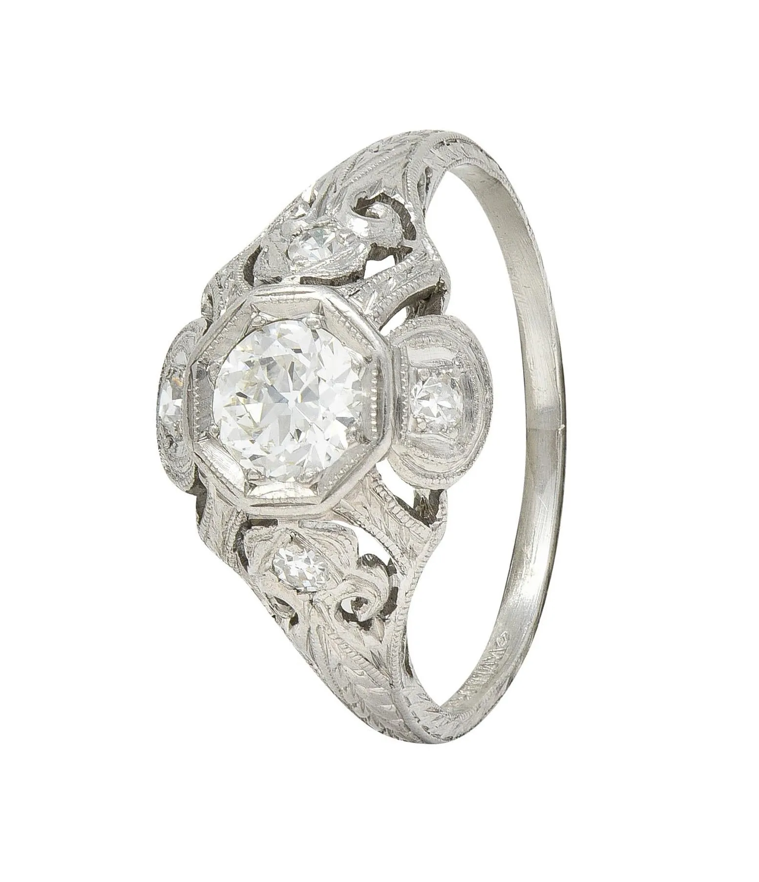 Katz & Ogush Art Deco 0.53 CTW Diamond Platinum Scrolling Vintage Wheat Engagement Ring