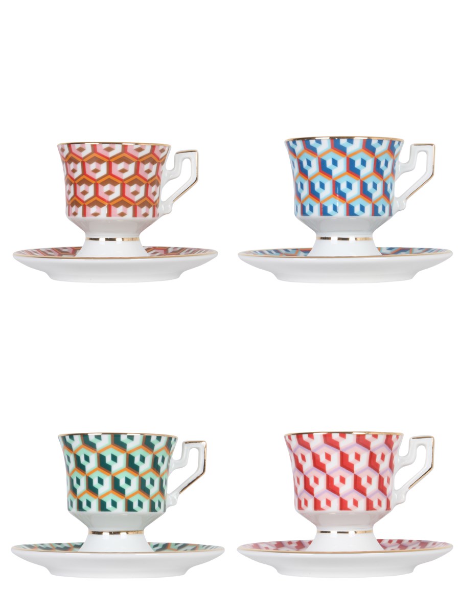 LA DOUBLEJ    SET OF FOUR ESPRESSO CUP WITH SAUCER PRINT CUBES MIX