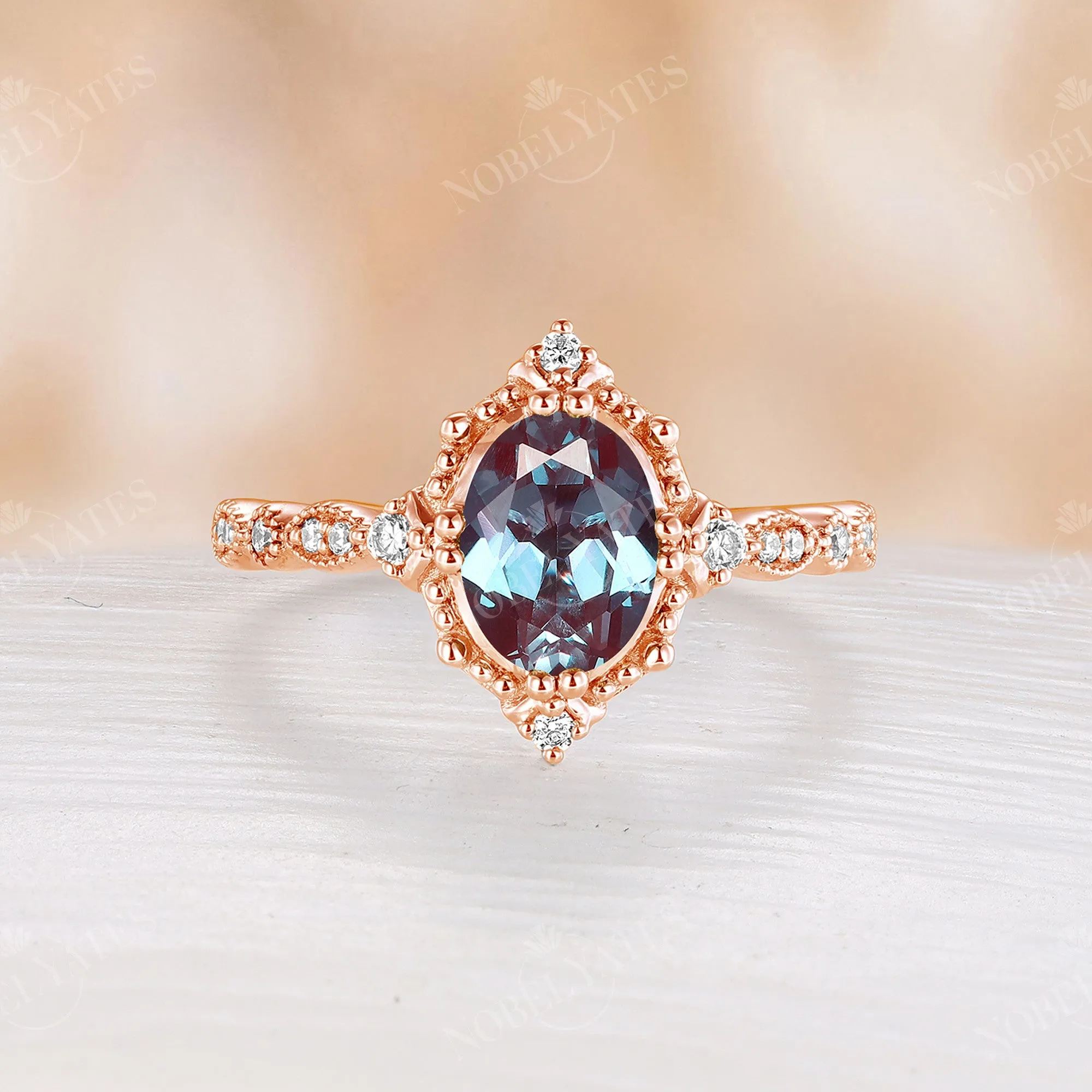 Lab Alexandrite Rose Gold Vintage Engagement Ring Milgrain Half Eternity