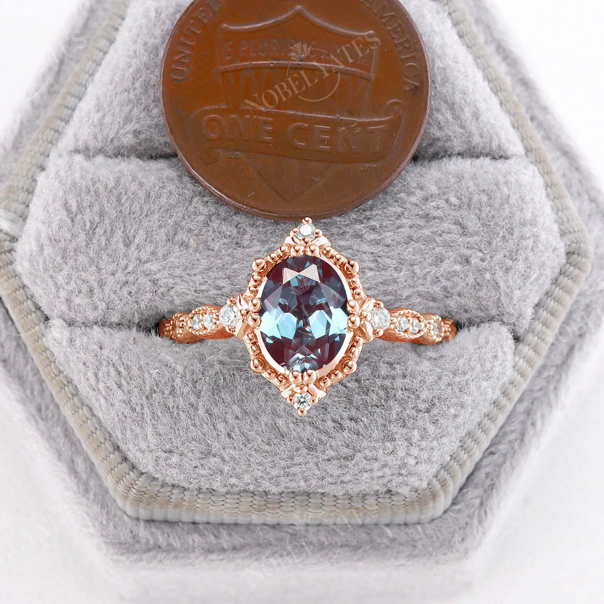 Lab Alexandrite Rose Gold Vintage Engagement Ring Milgrain Half Eternity