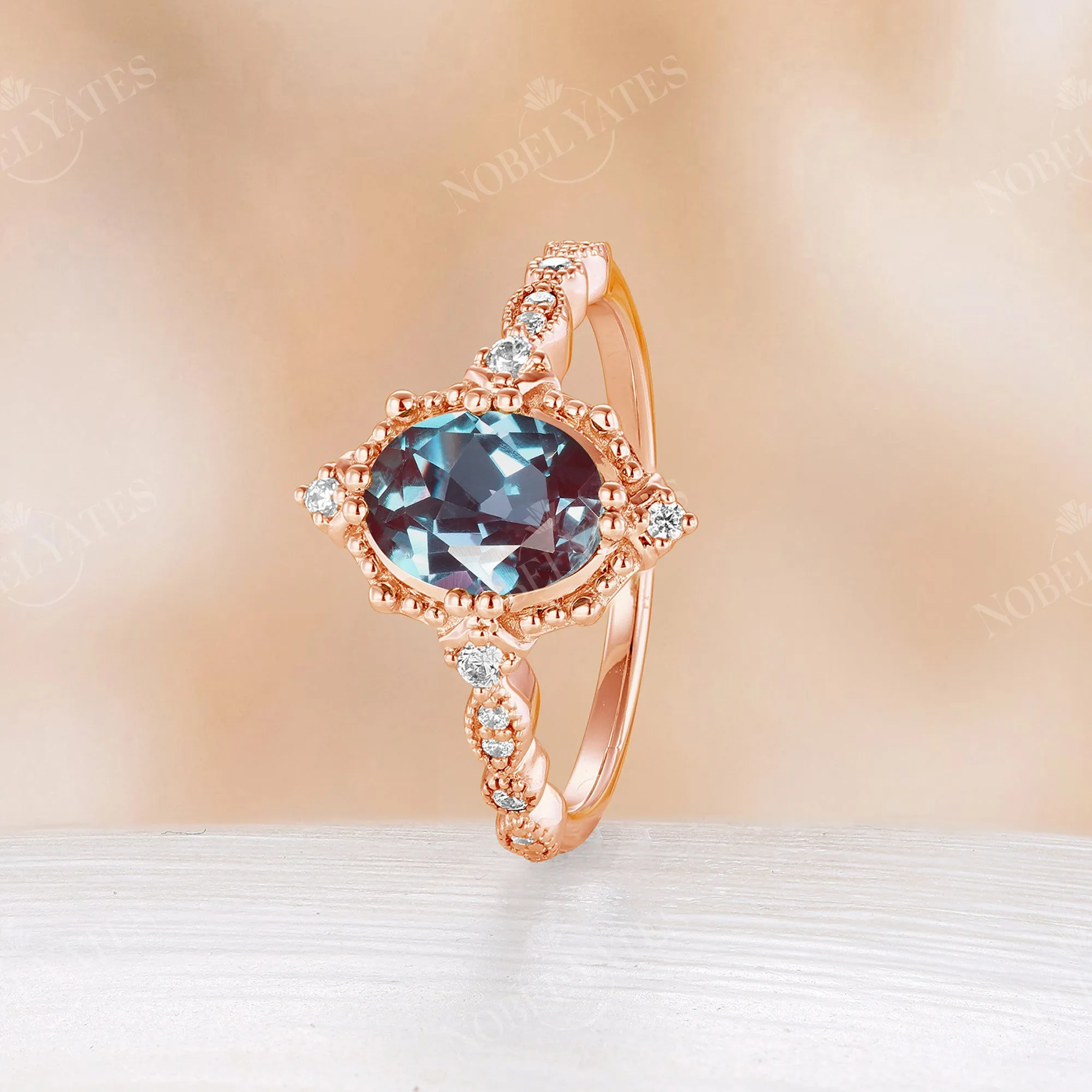 Lab Alexandrite Rose Gold Vintage Engagement Ring Milgrain Half Eternity