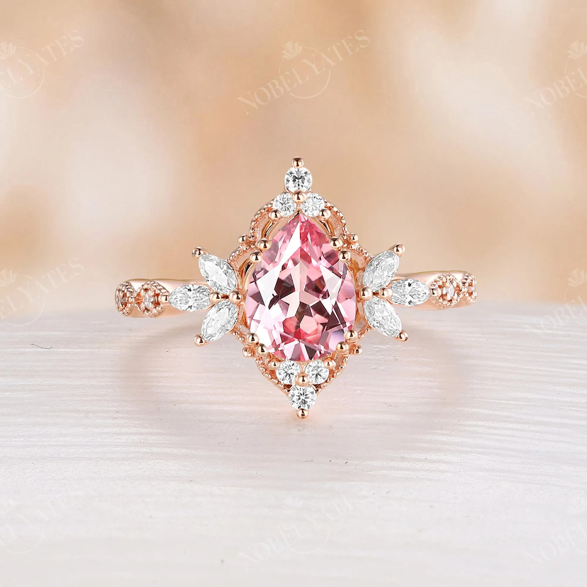 Lab Grown Padparadscha Pear Cut Engagement Ring Vintage Rose Gold