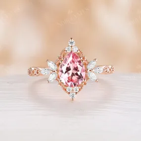 Lab Grown Padparadscha Pear Cut Engagement Ring Vintage Rose Gold