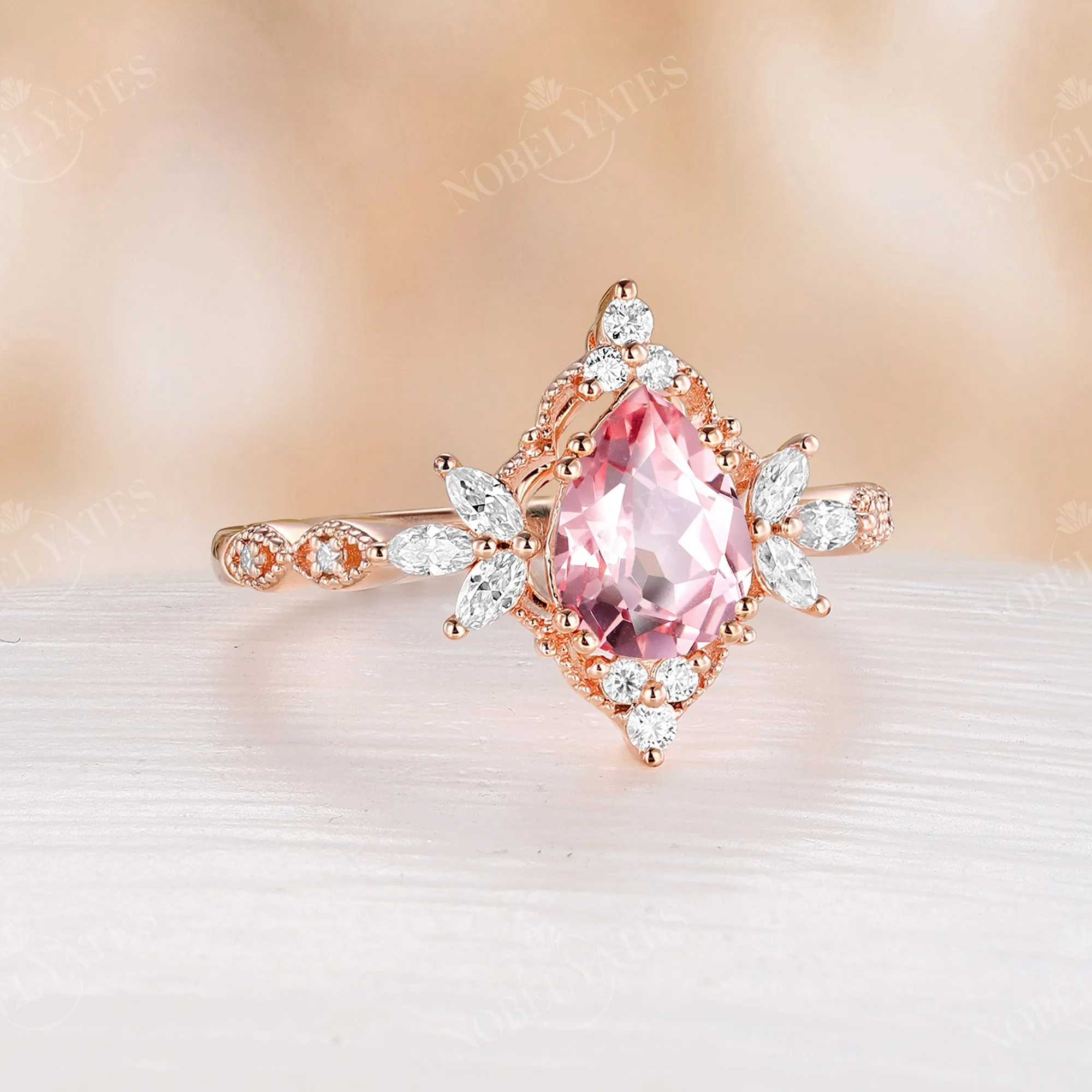 Lab Grown Padparadscha Pear Cut Engagement Ring Vintage Rose Gold