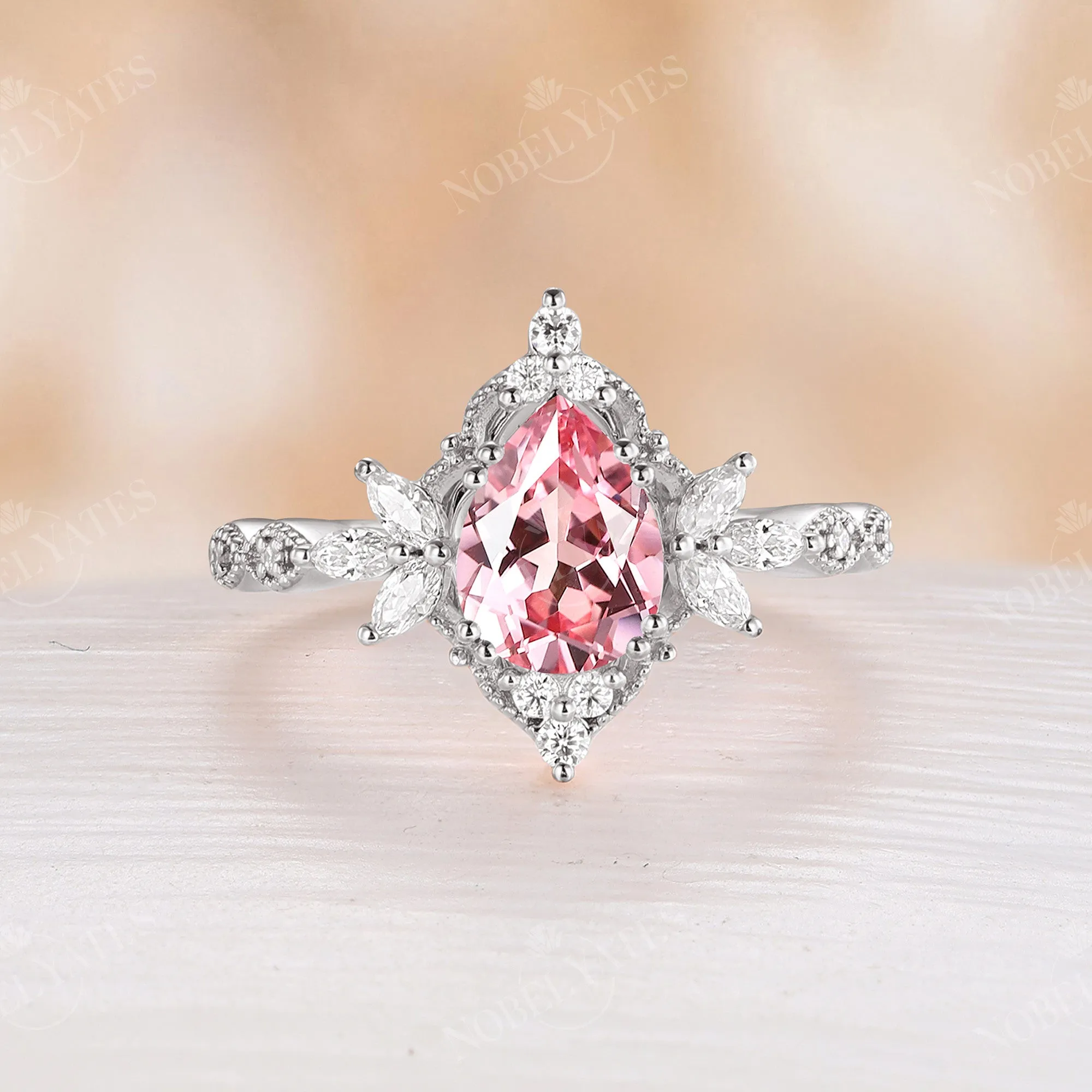 Lab Grown Padparadscha Pear Cut Engagement Ring Vintage Rose Gold