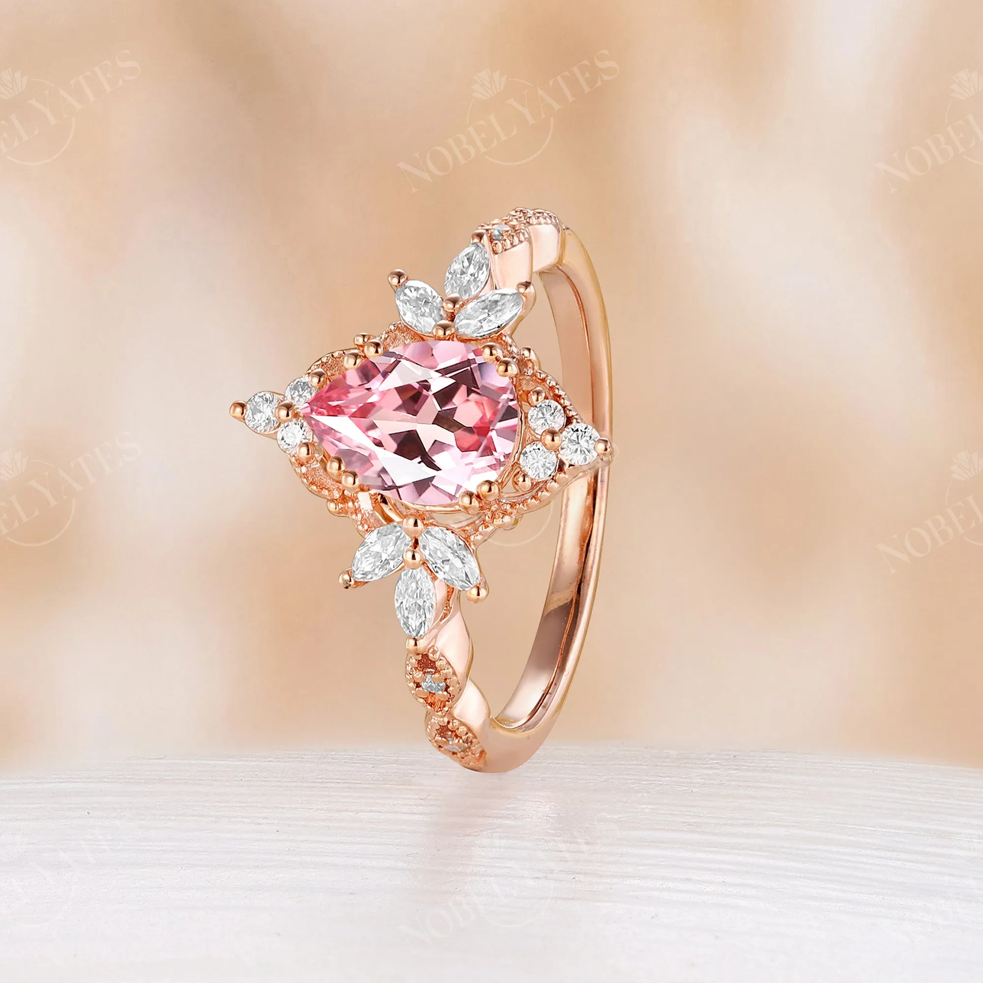 Lab Grown Padparadscha Pear Cut Engagement Ring Vintage Rose Gold