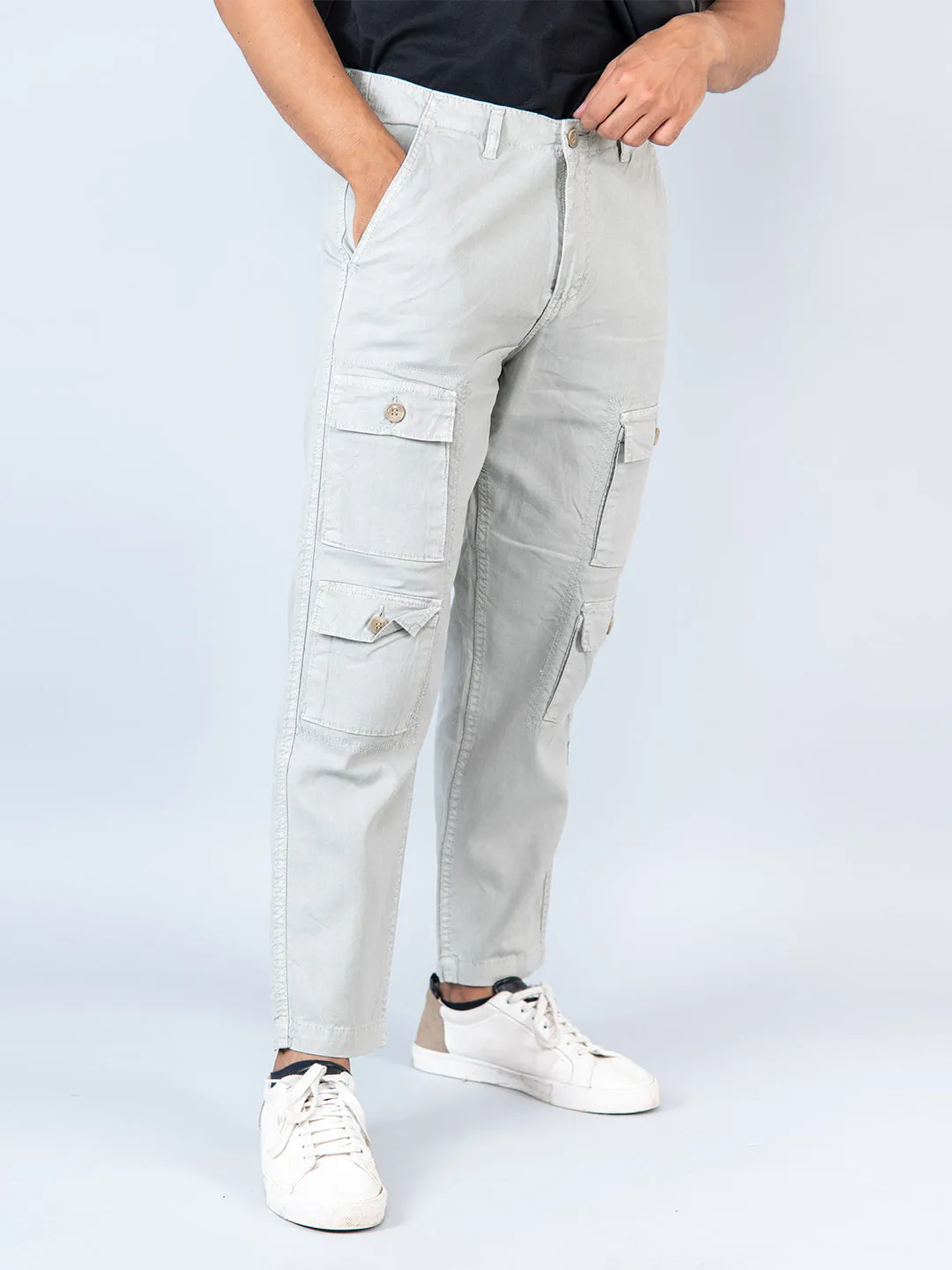 Light Pista Green Baggy Fit Linen Cargo Pants