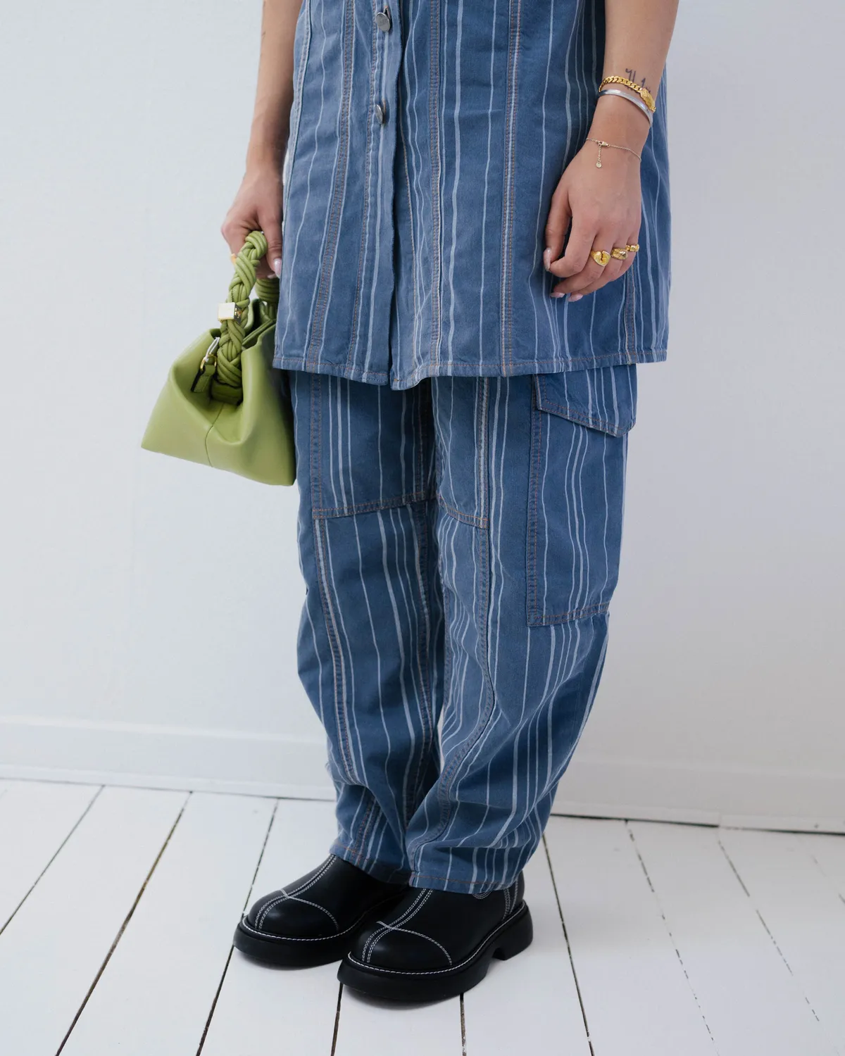 Light Stripe Denim Cargo Pants - Light Stripe Denim