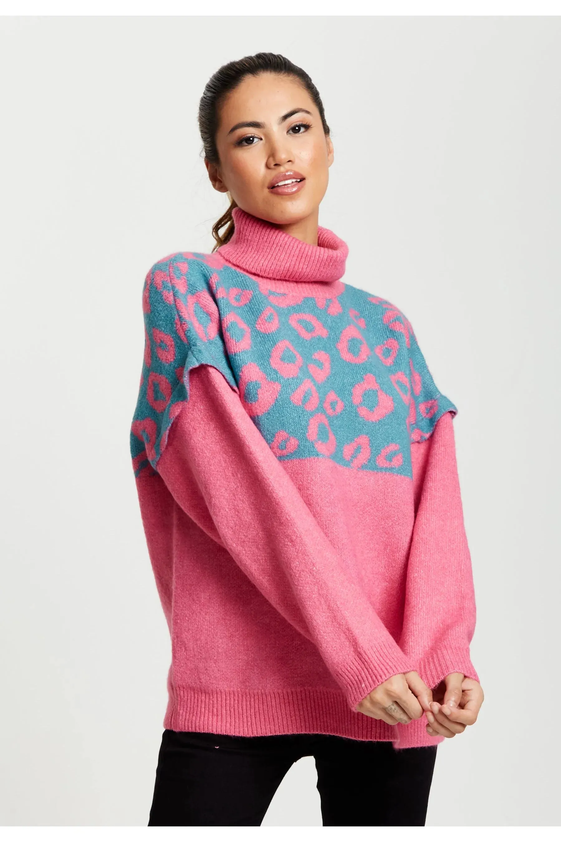 Liquorish Animal Pattern Roll Neck Jumper In Pink Turquoise