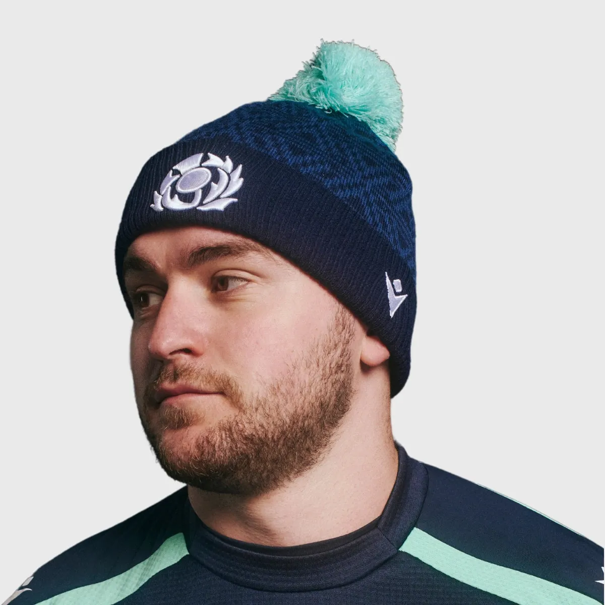 Macron Scotland Rugby Bobble Beanie Hat Navy/Green