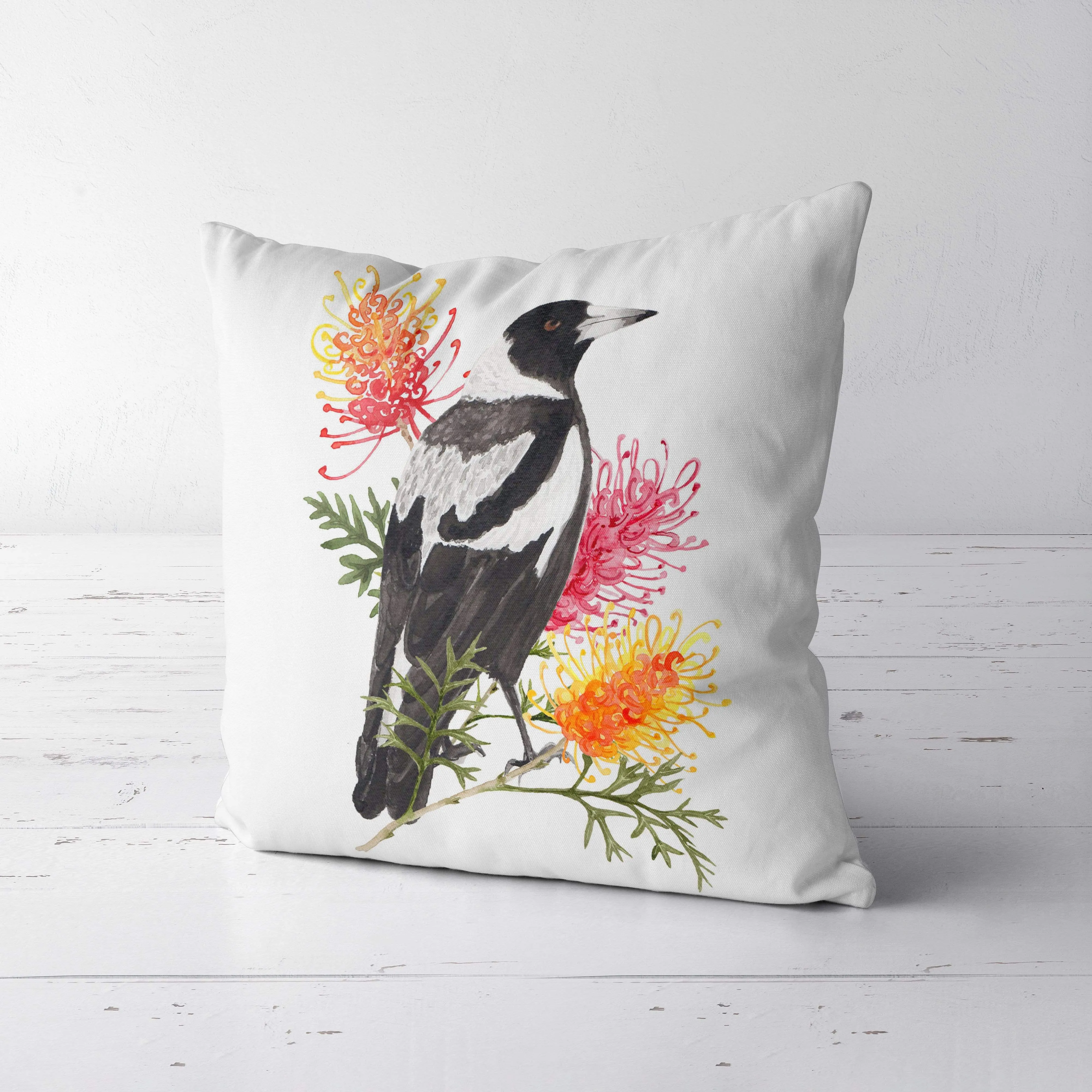 Magpie and Grevillea Cushion Cover Side Cotton Drill