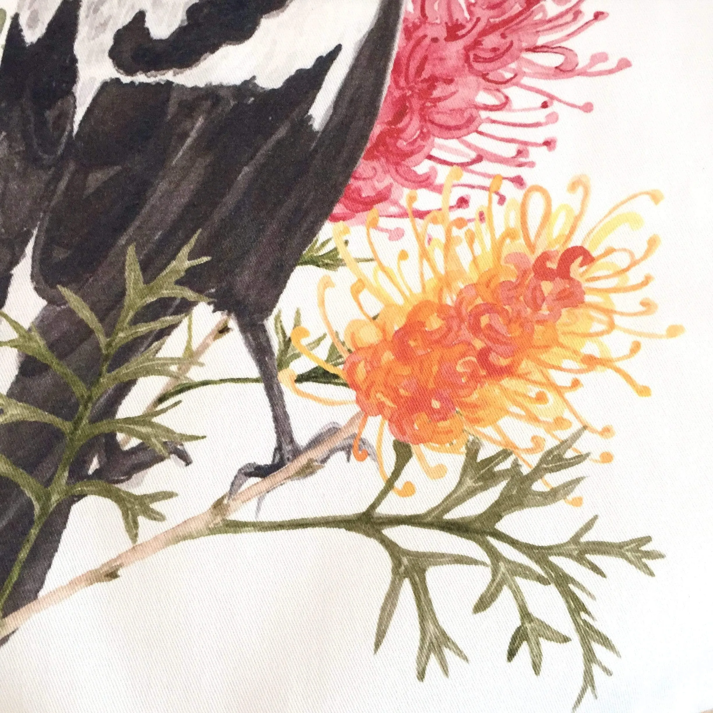 Magpie and Grevillea Cushion Cover Side Cotton Drill