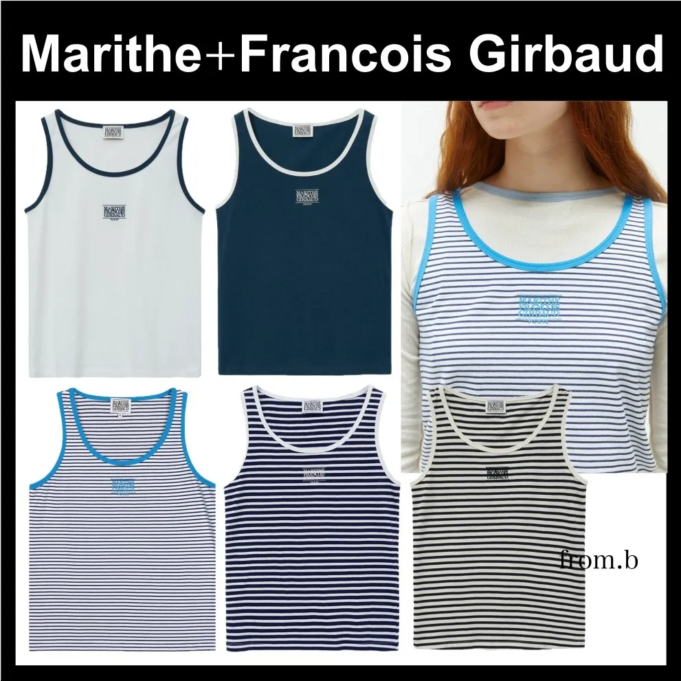 Marithe + Francois Girbaud  |Stripes Rib Street Style U-Neck Plain Cotton Logo