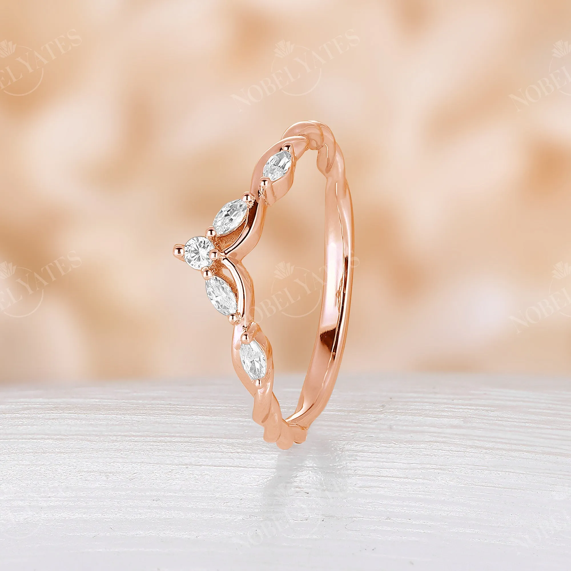 Marquise Cut Moissanite Vintage Rose Gold Twist Curved Wedding Band