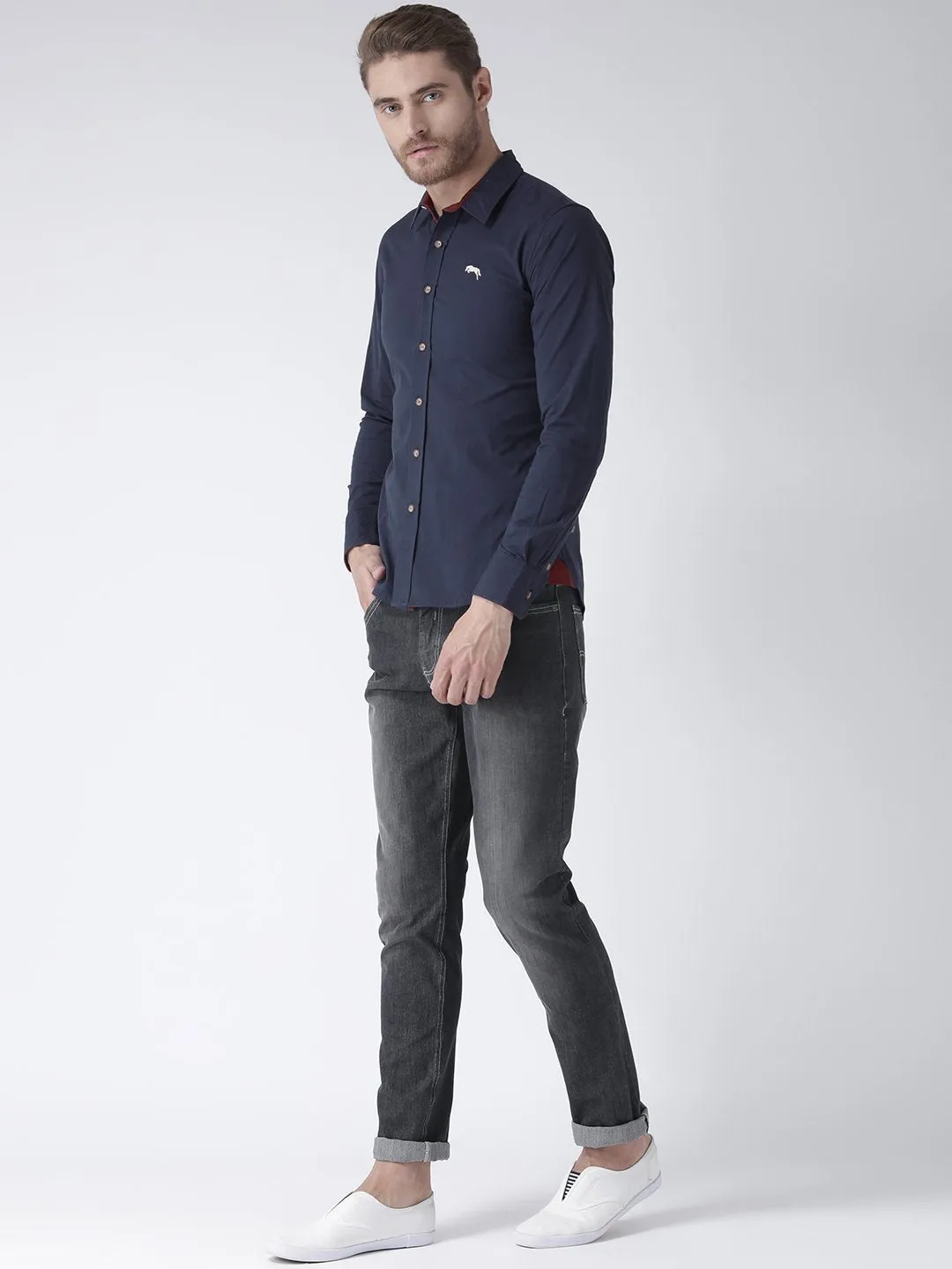 Men Navy Blue Solid Cotton Regular Fit Shirt